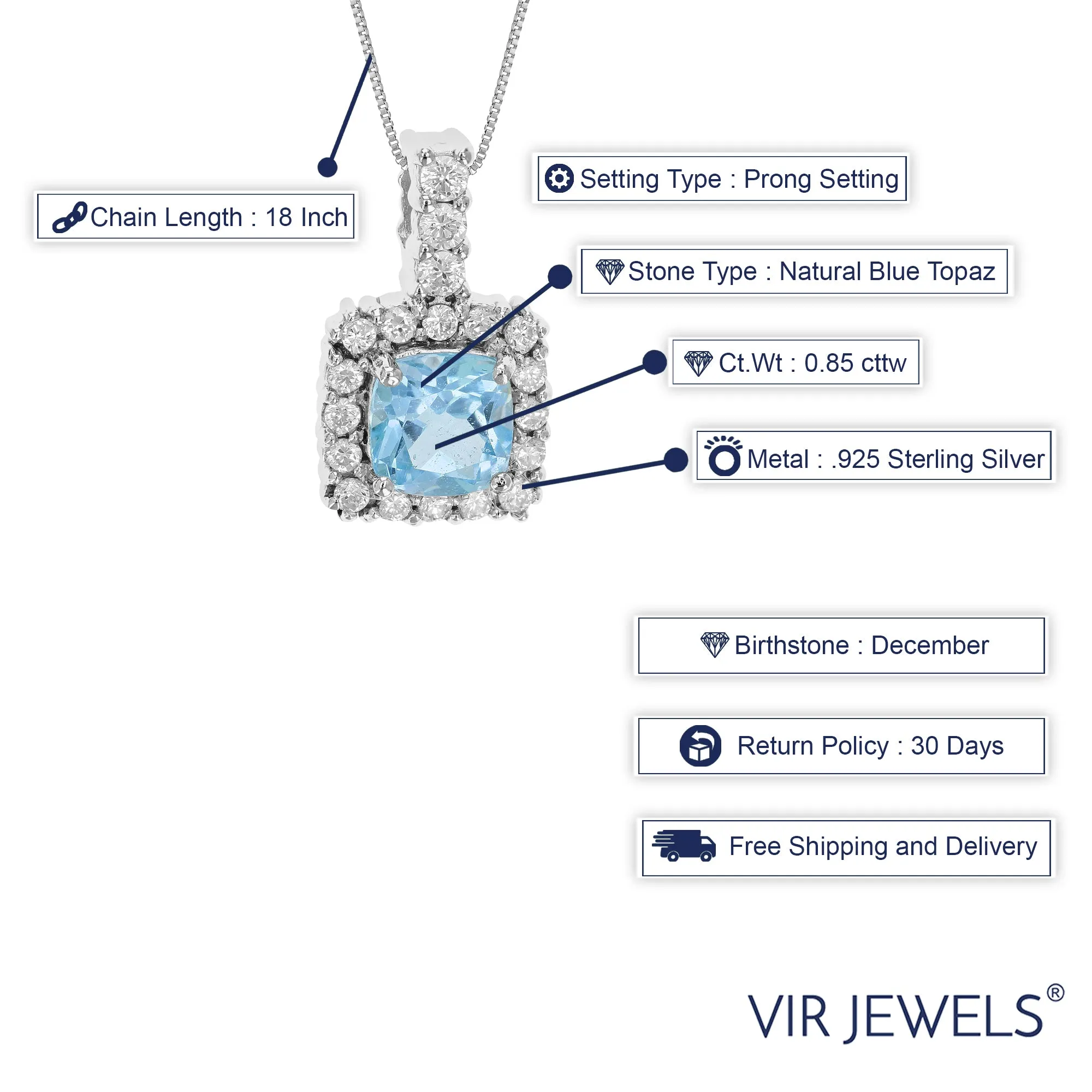 0.85 cttw Blue Topaz Pendant Necklace .925 Sterling Silver 7 MM Cushion Cut