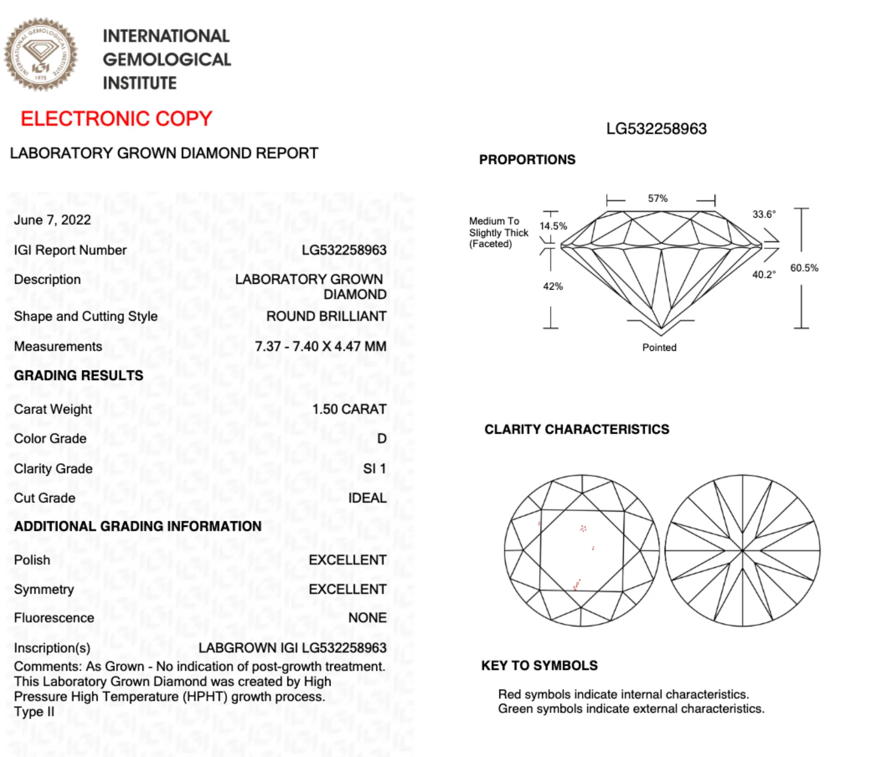 1.50CT Round D SI1 IDEAL EX EX NONE - LG532258963