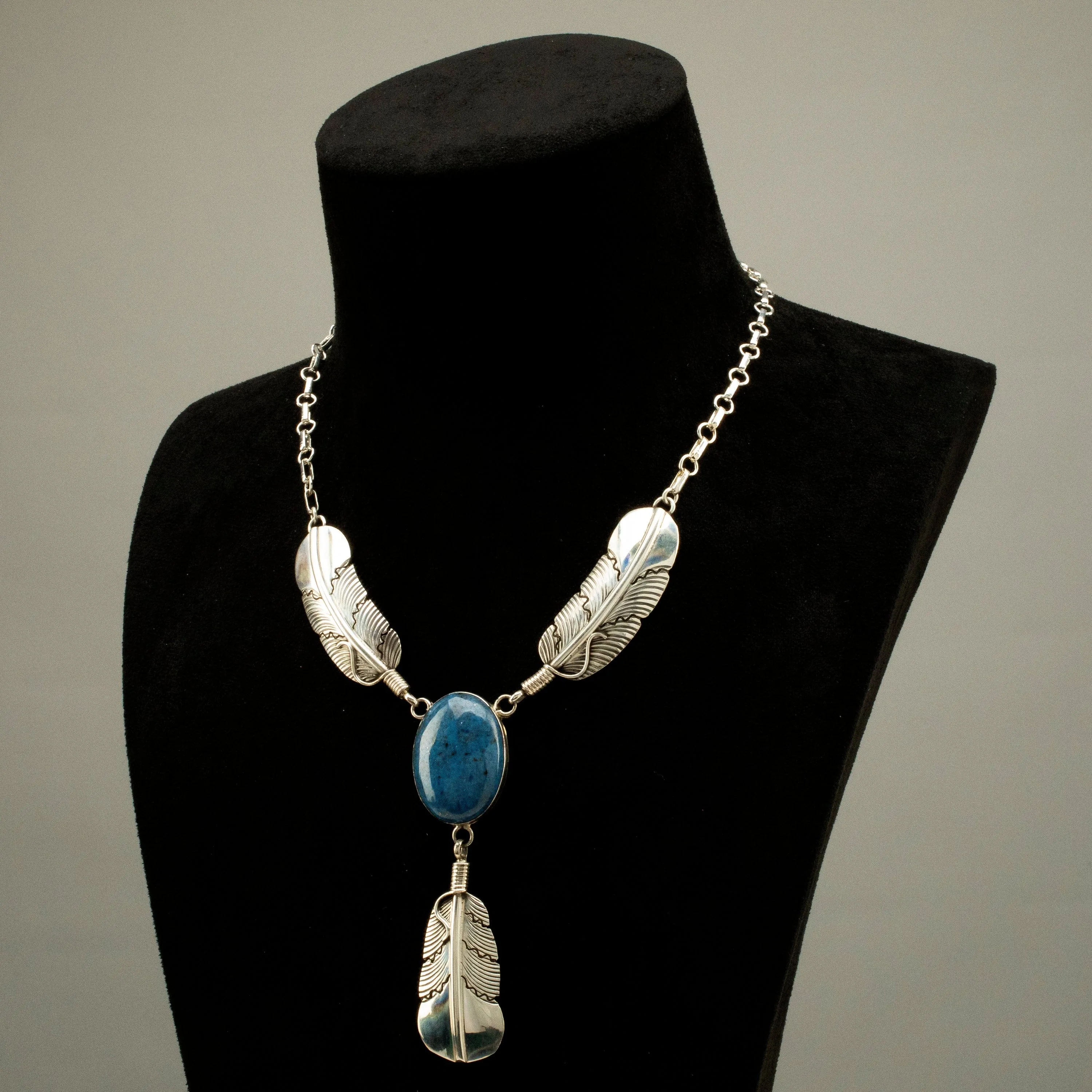 17.5 Richard Long Sr. Denim Lapis Feather USA Native American Made 925 Sterling Silver Necklace