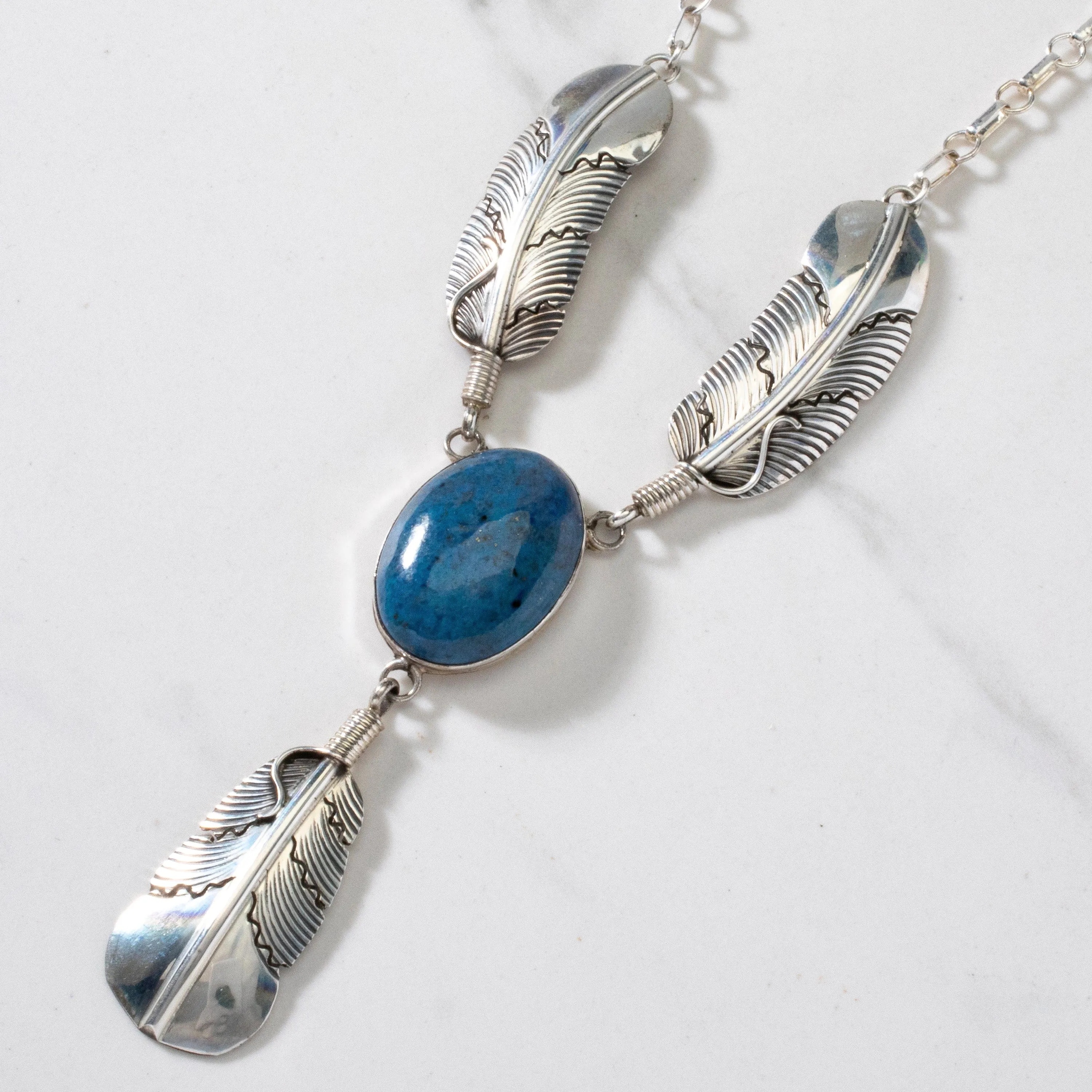 17.5 Richard Long Sr. Denim Lapis Feather USA Native American Made 925 Sterling Silver Necklace