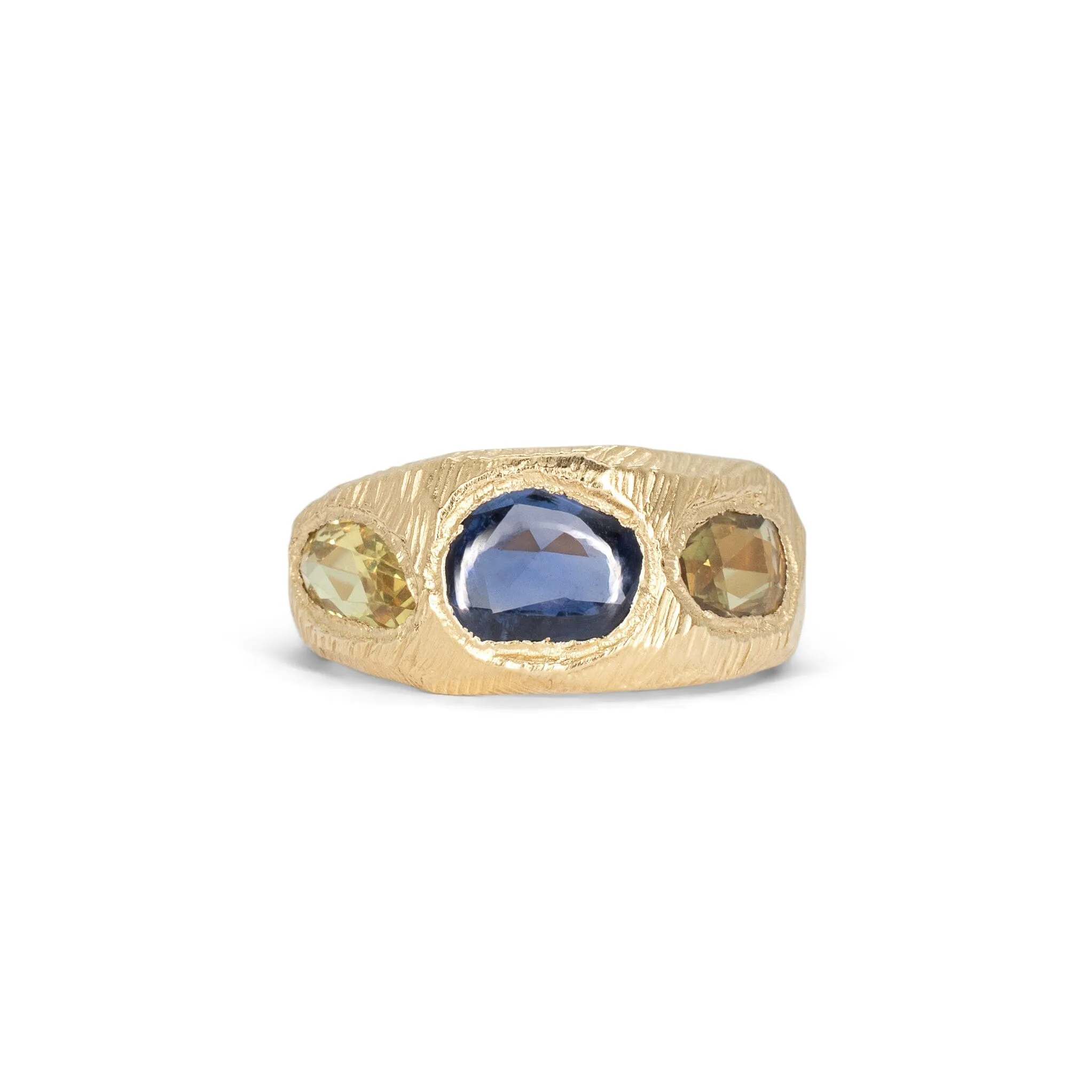 18K Three Stone Ring in Dark Blue and Yellow Sapphire