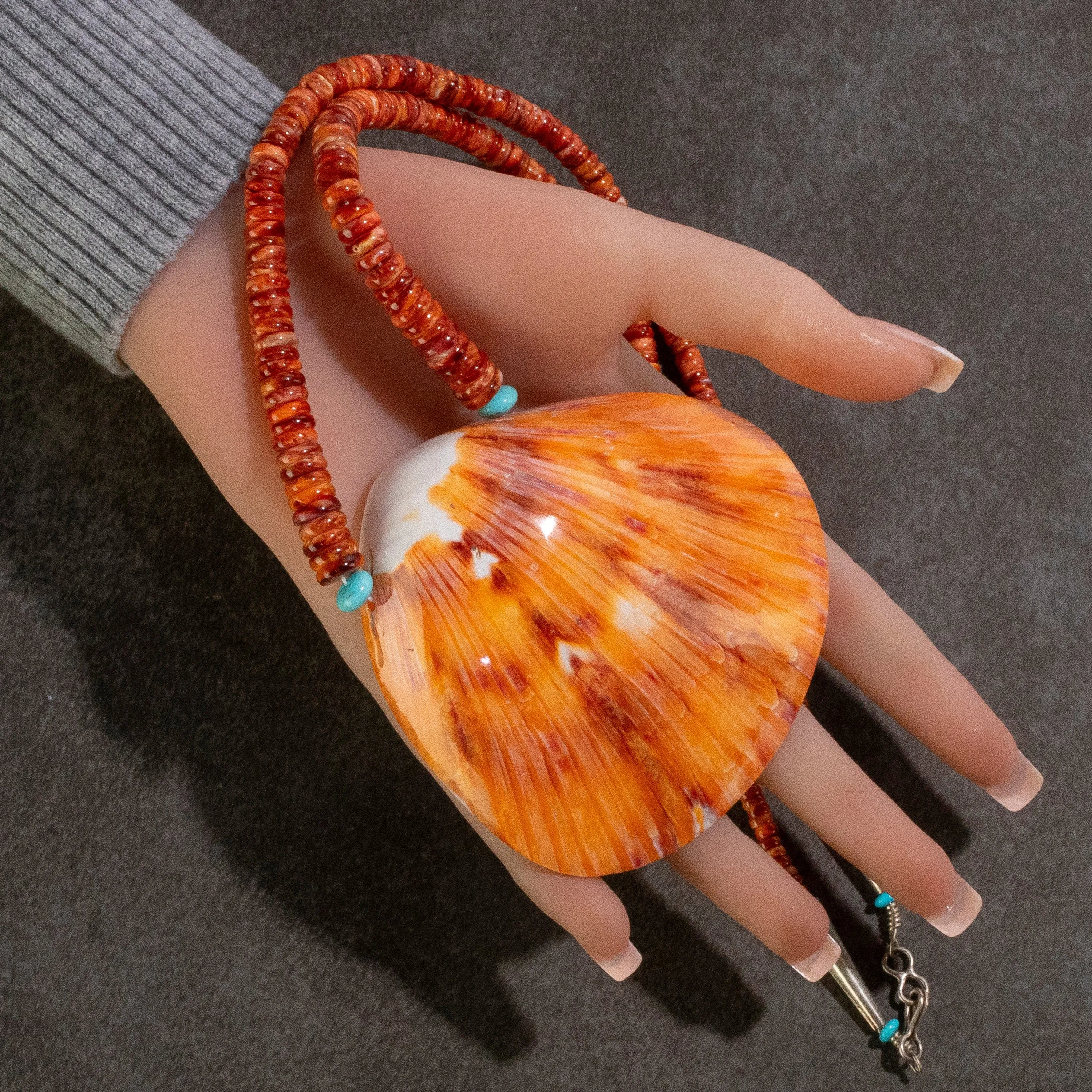 27 Orange Spiny Oyster Shell & Turquoise USA Native American Made 925 Sterling Silver Heishi Bead Necklace