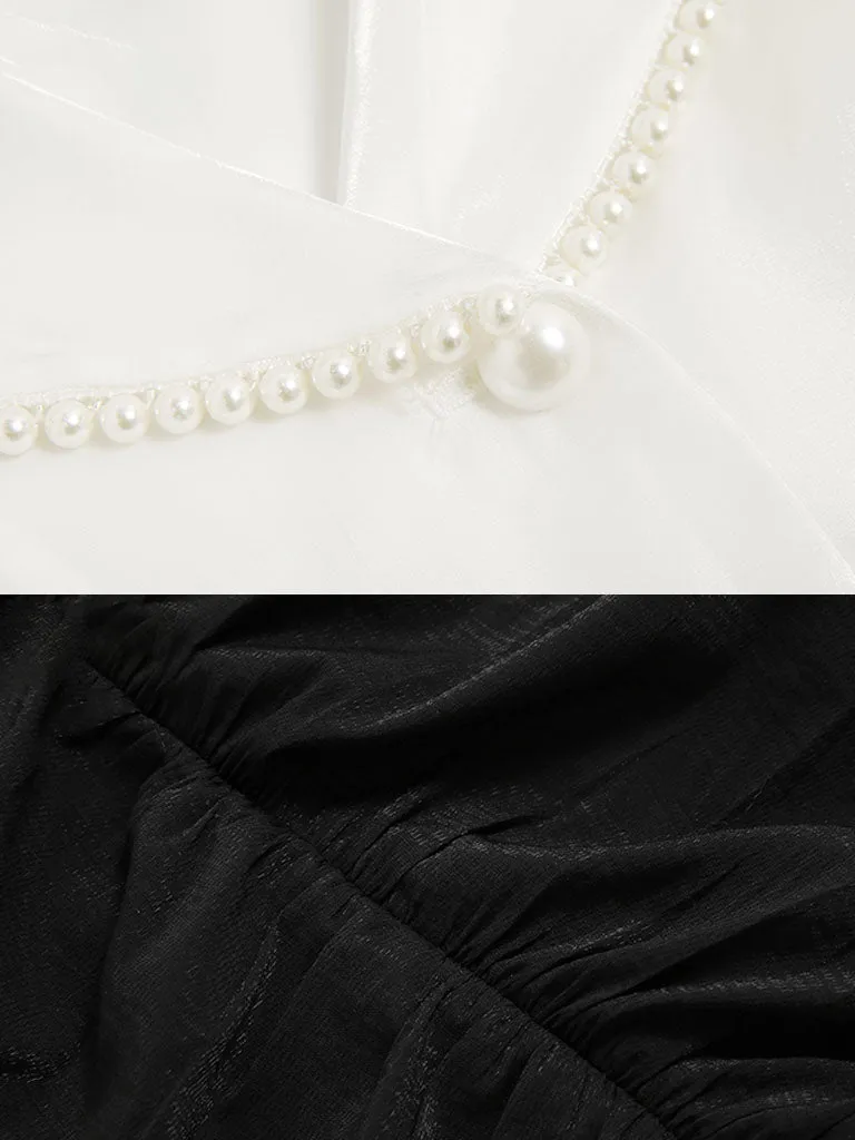 2PS White Pearl Turn Down Collar Long Sleeve Shirt With Black Ruffles Split Skrit Dress Suit