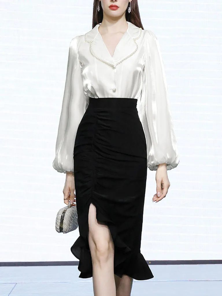 2PS White Pearl Turn Down Collar Long Sleeve Shirt With Black Ruffles Split Skrit Dress Suit