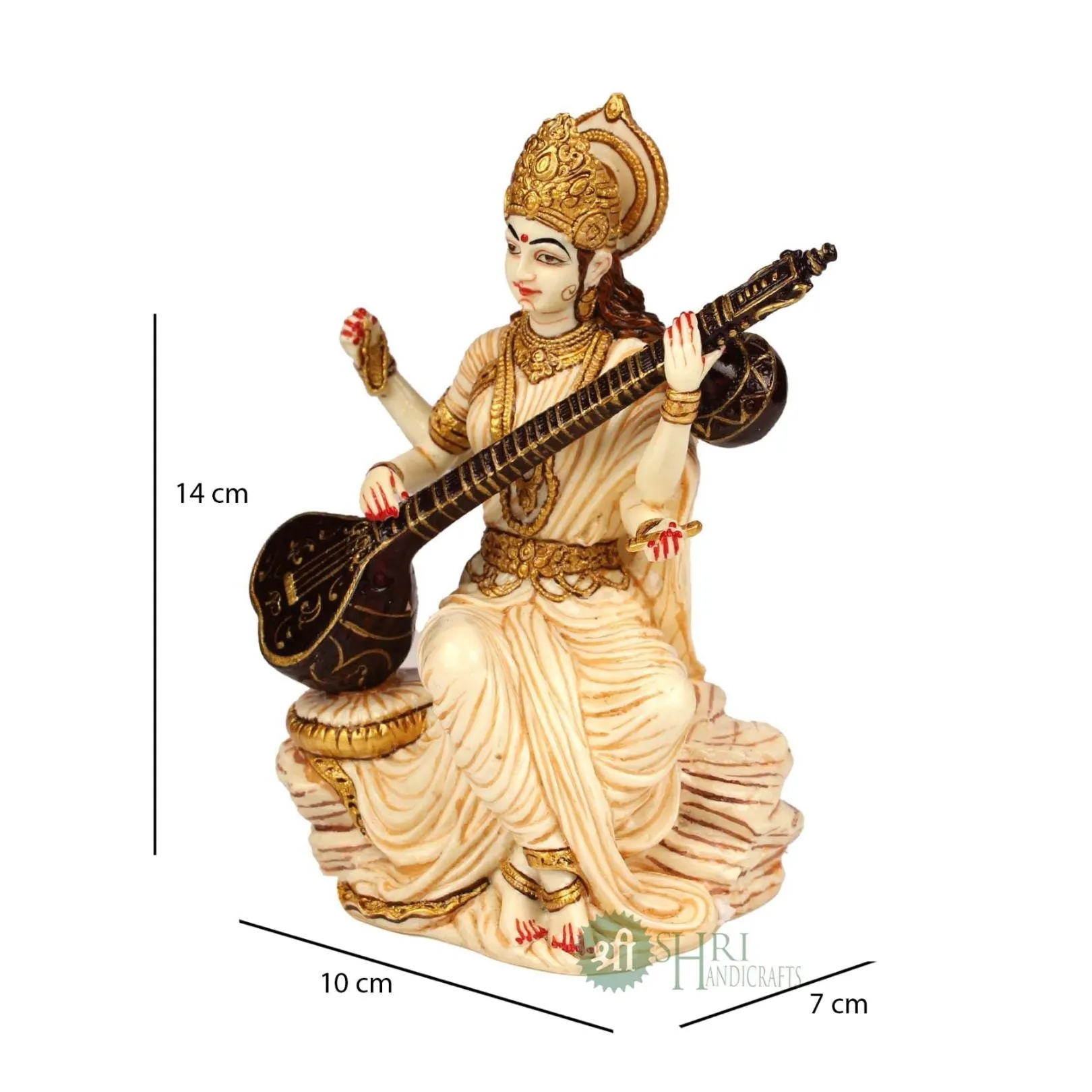 5" SARASWATI STATUE FINE GOLD HAND PAINTING