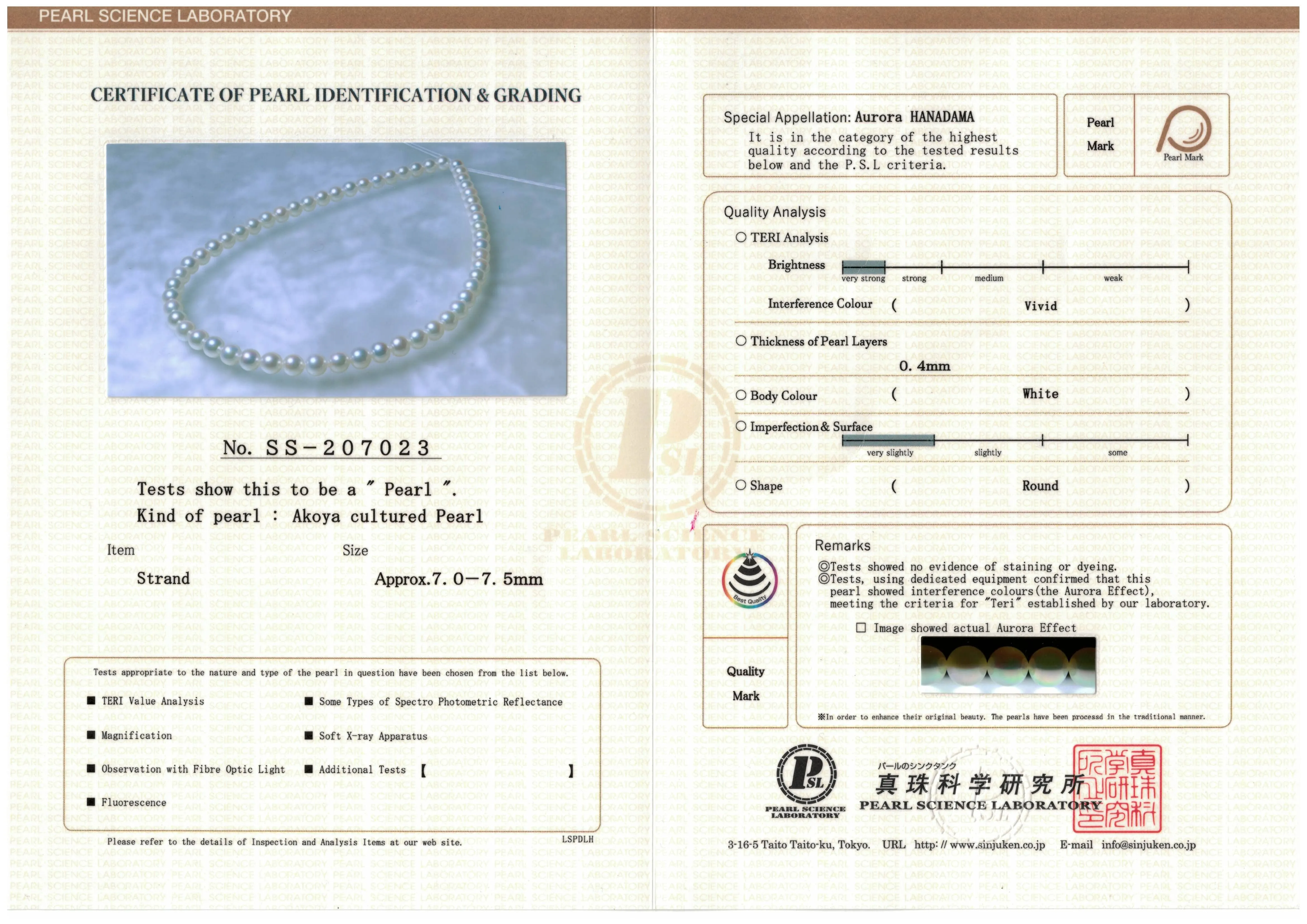 7.0-7.5 mm Hanadama Akoya Strand - PSL Certificate SS-207023