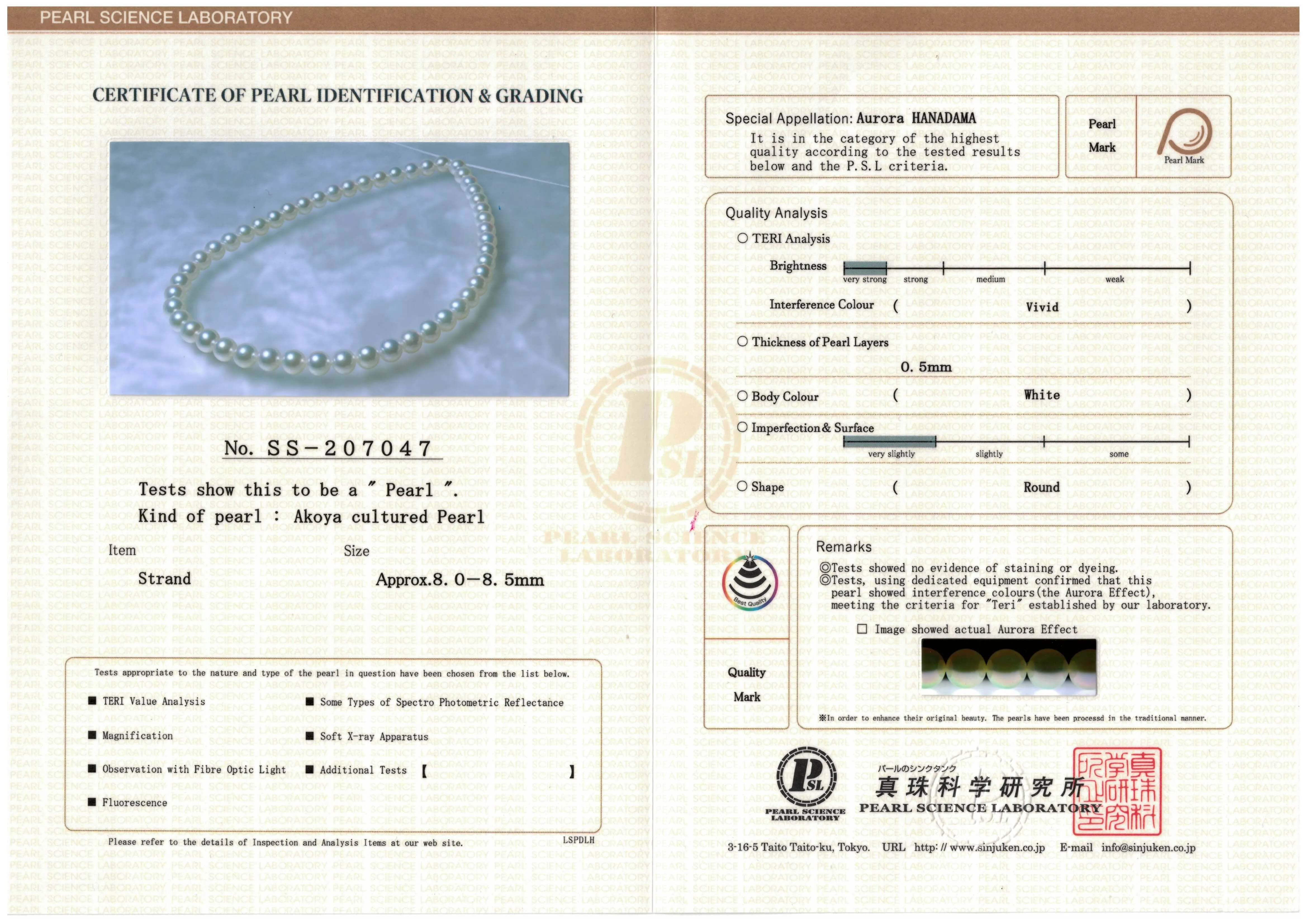 8.0-8.5 mm Hanadama Akoya Strand - PSL Certificate SS-207046