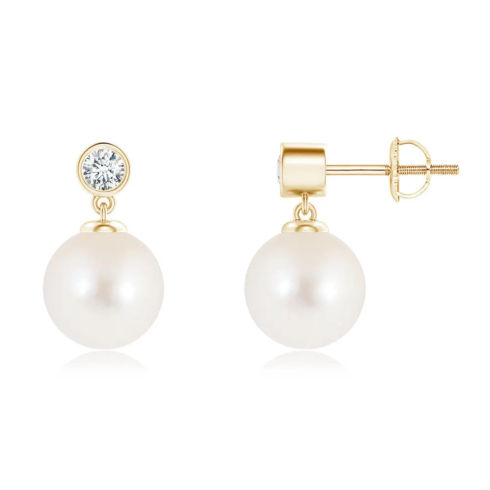 8mm Freshwater Cultured Pearl Drop Earrings with Bezel Set Moissanite