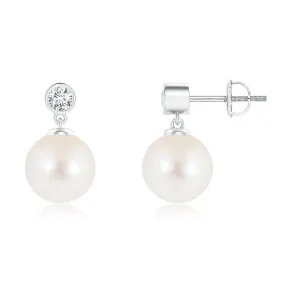 8mm Freshwater Cultured Pearl Drop Earrings with Bezel Set Moissanite