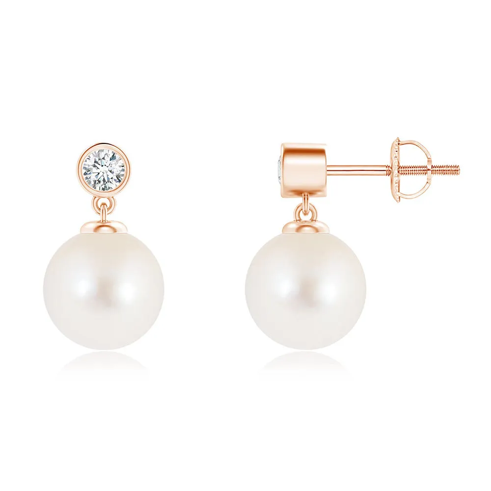 8mm Freshwater Cultured Pearl Drop Earrings with Bezel Set Moissanite