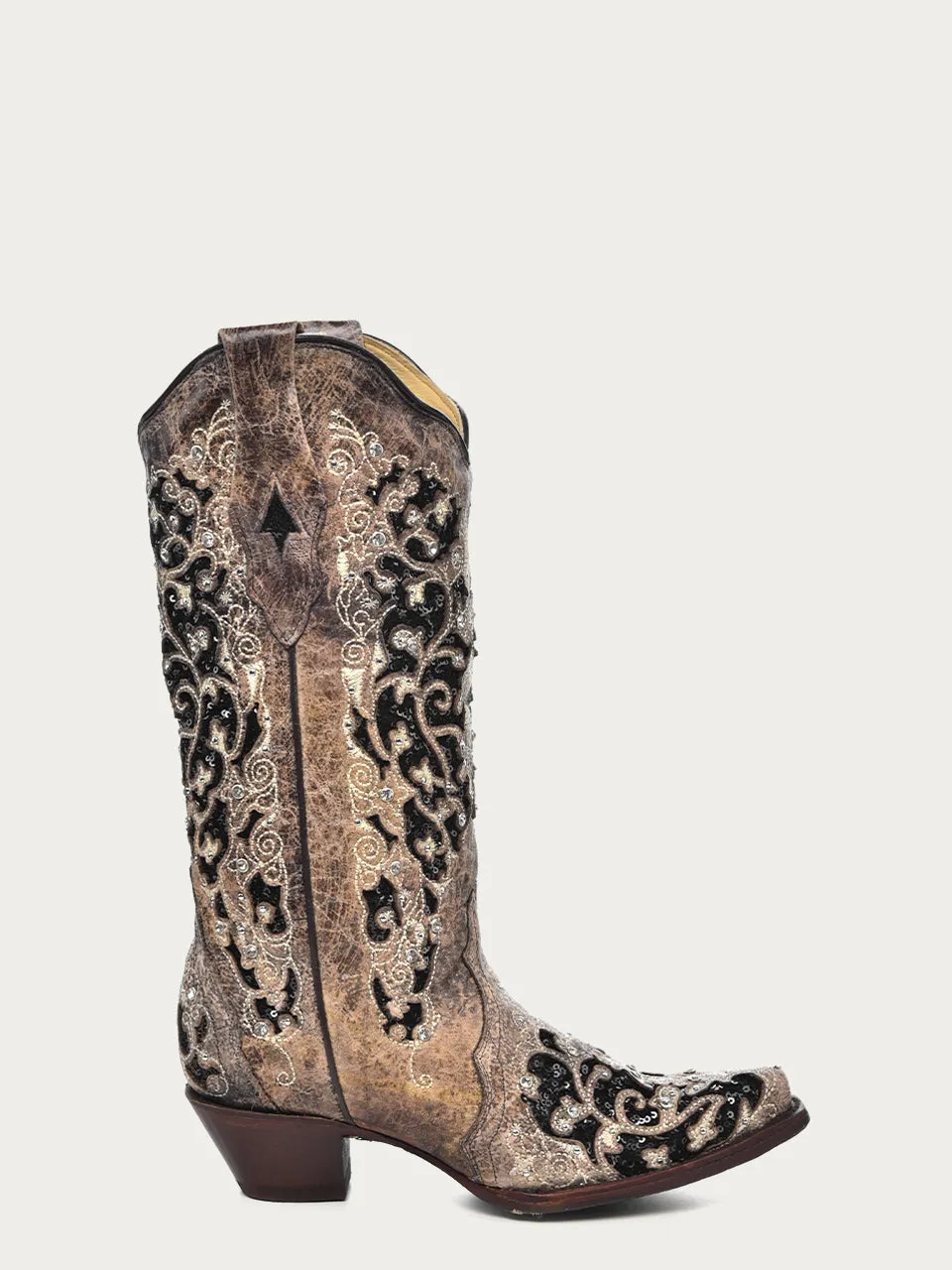 A3569 - WOMEN'S BLACK GLITTER INLAY FLORAL OVERLAY WITH CRYSTALS AND STUDS SNIP TOE BROWN COWBOY BOOT