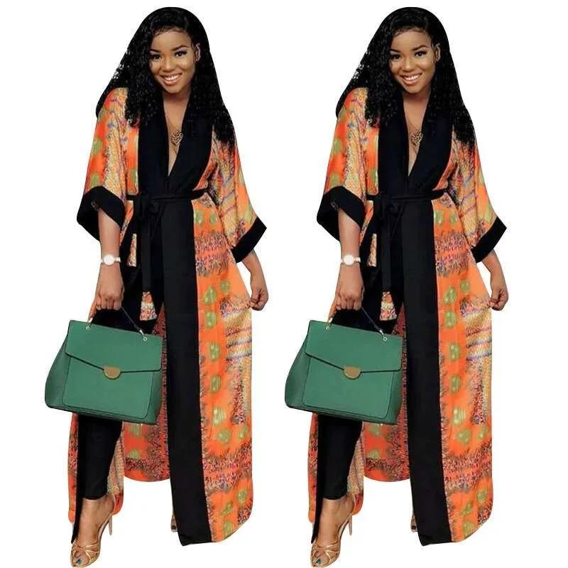 African Clothes Print Jacket Coat Robe with Belt Dashiki Autumn Casual Long Jacket Top