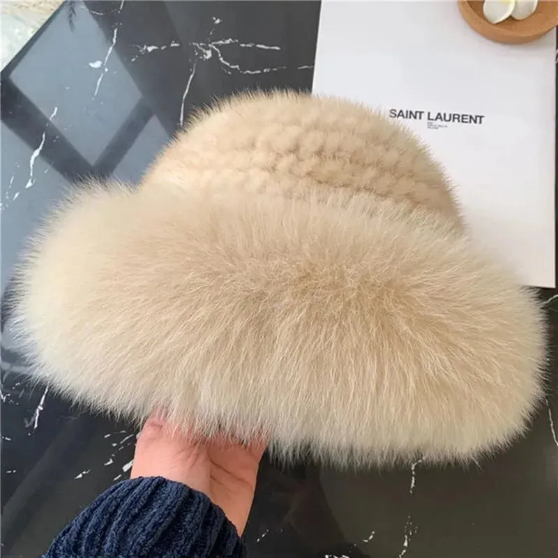 andmade Knitted Mink & Fox Fur Hat for Women