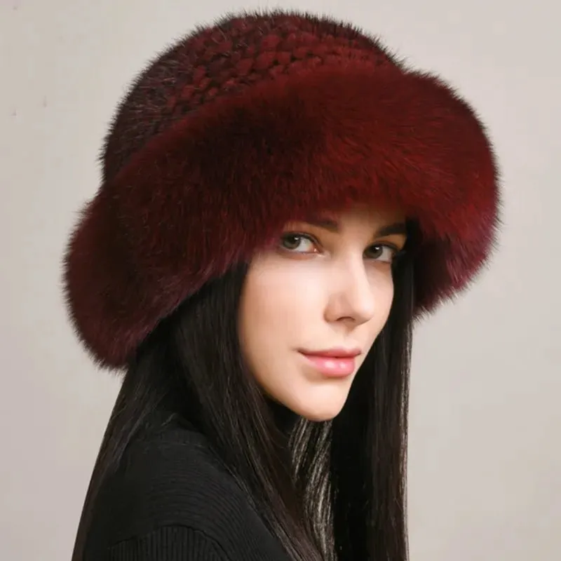 andmade Knitted Mink & Fox Fur Hat for Women