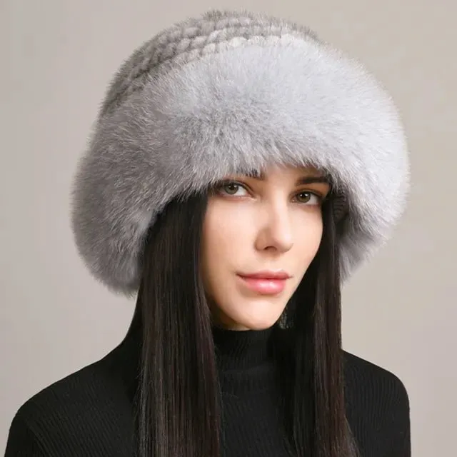 andmade Knitted Mink & Fox Fur Hat for Women