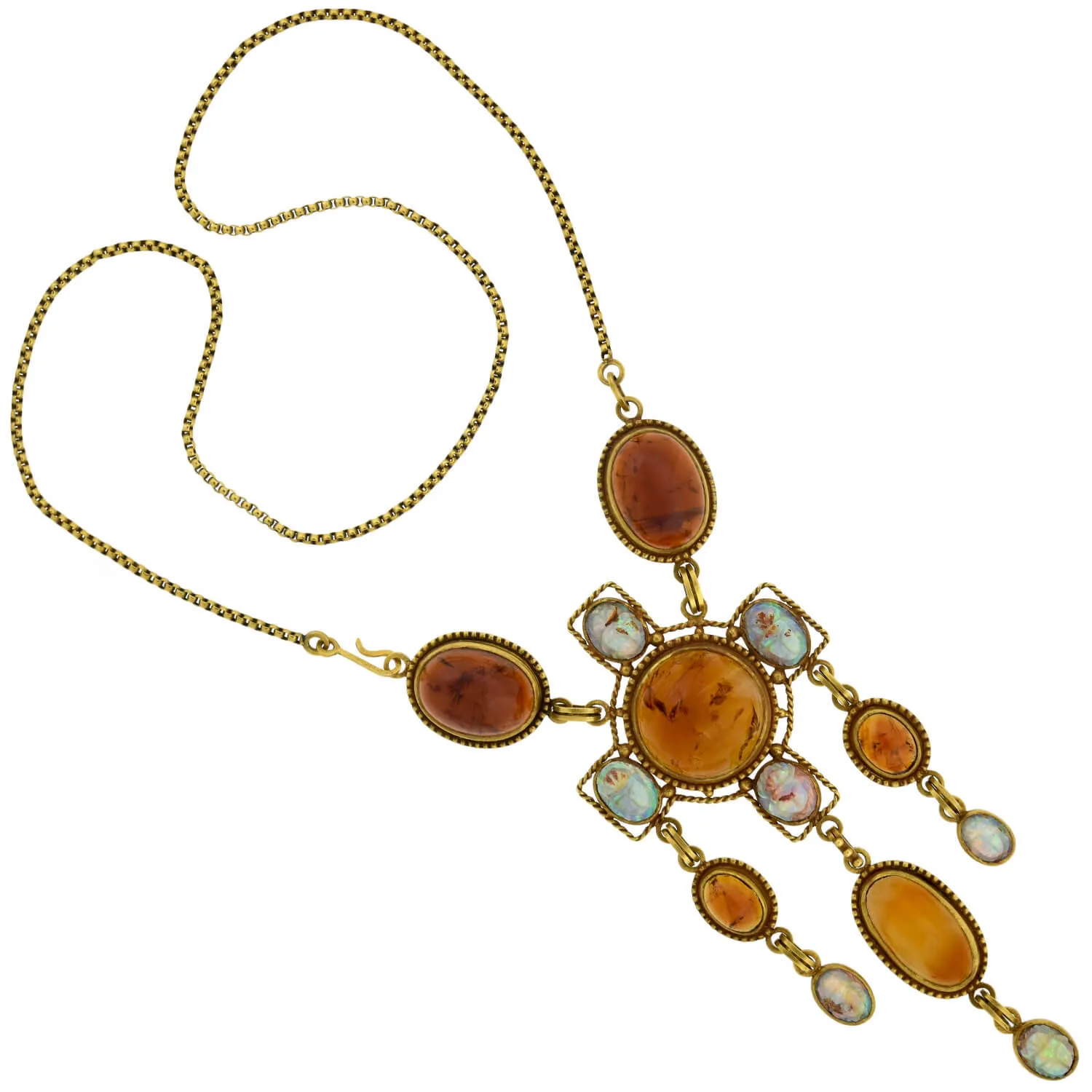 Art Nouveau Egyptian Revival 14kt Amber   Carved Opal Scarab Necklace