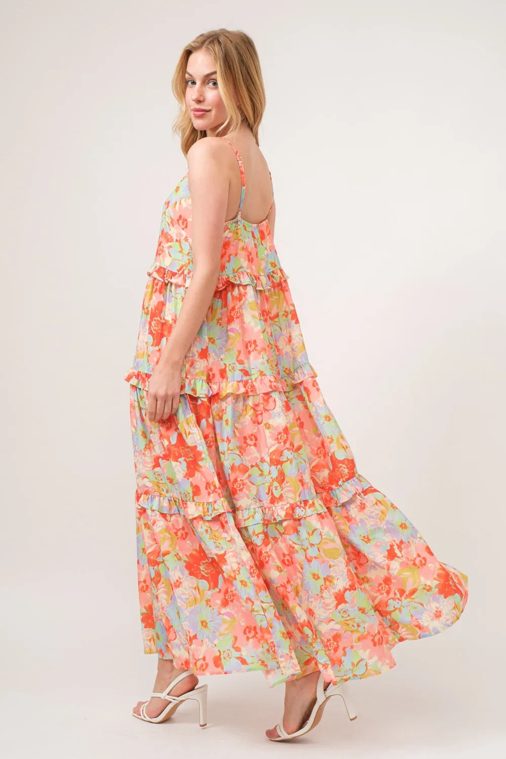 Beach Wedding Guest Tiered Maxi Dress with Floral Ruffles