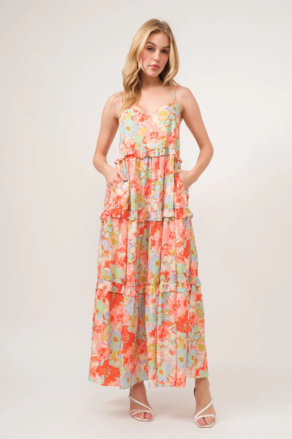 Beach Wedding Guest Tiered Maxi Dress with Floral Ruffles