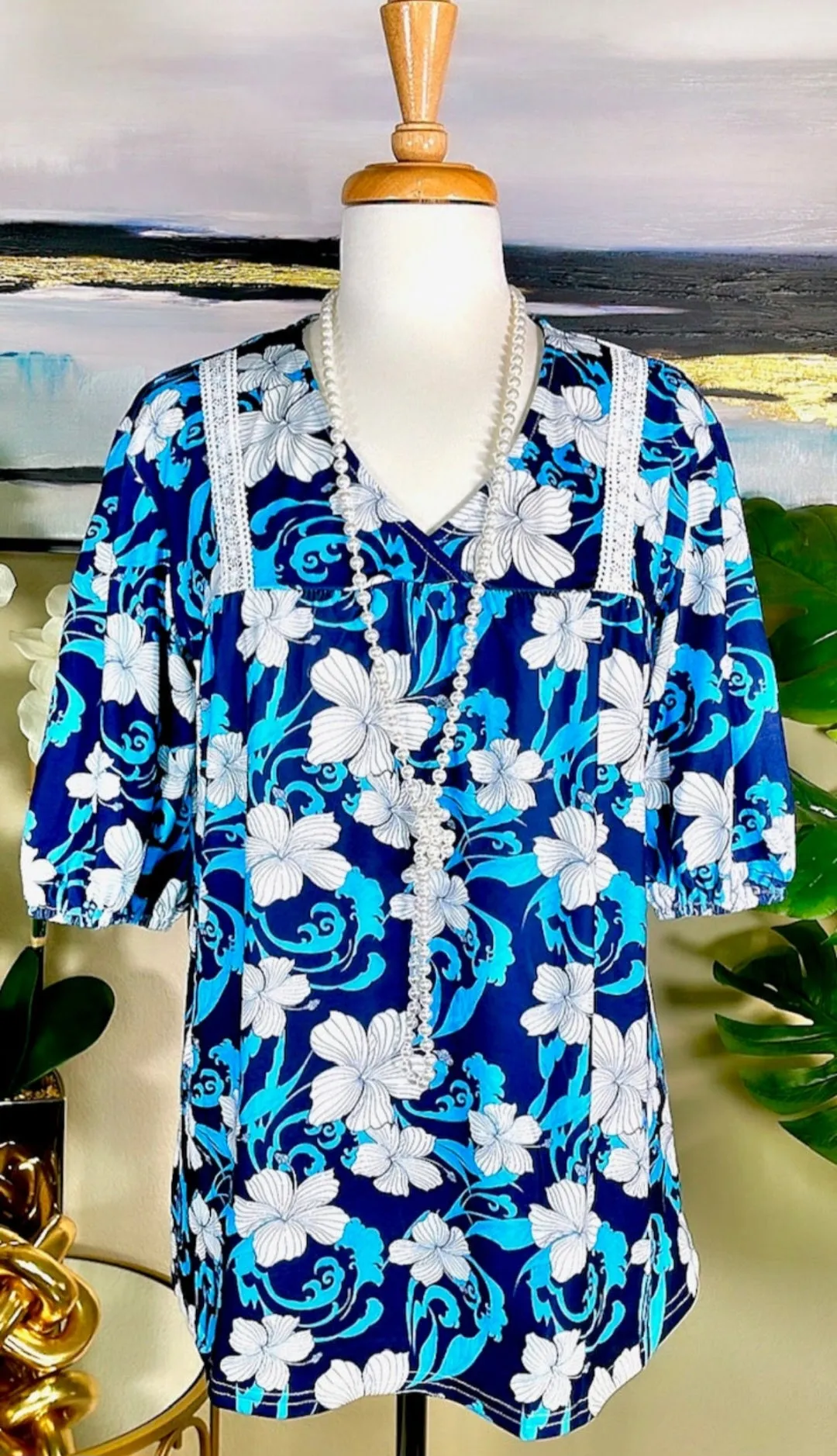 Beautiful Navy, Blue,and White Floral Blouse with v-neck