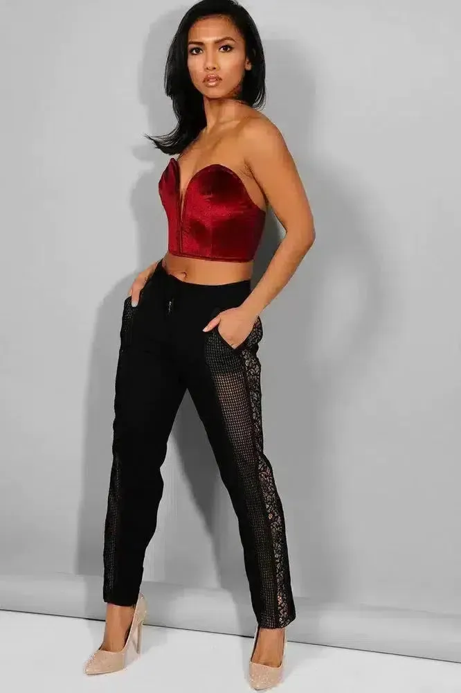 Black Crochet Lace Panels Cigarette Trousers