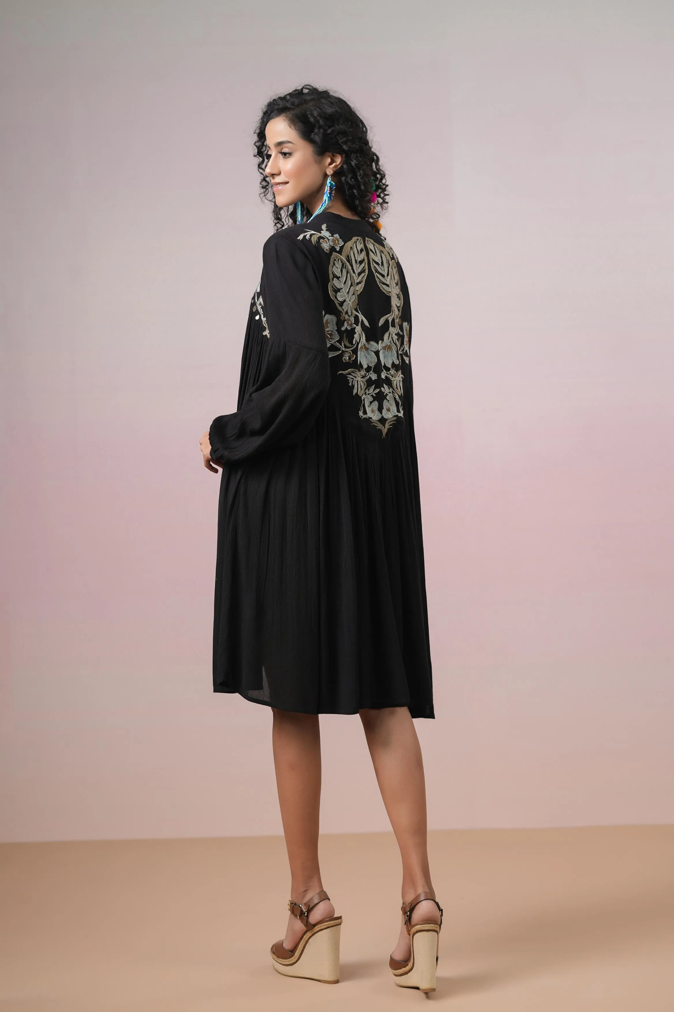 Black Floral Embroidered Italian Linen Dress