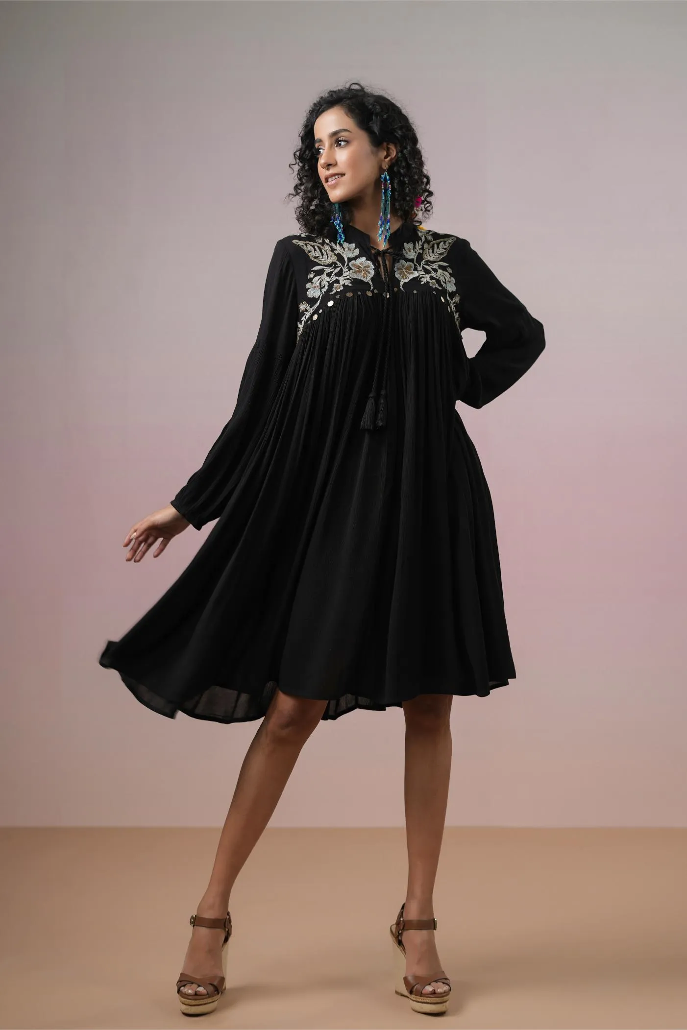 Black Floral Embroidered Italian Linen Dress