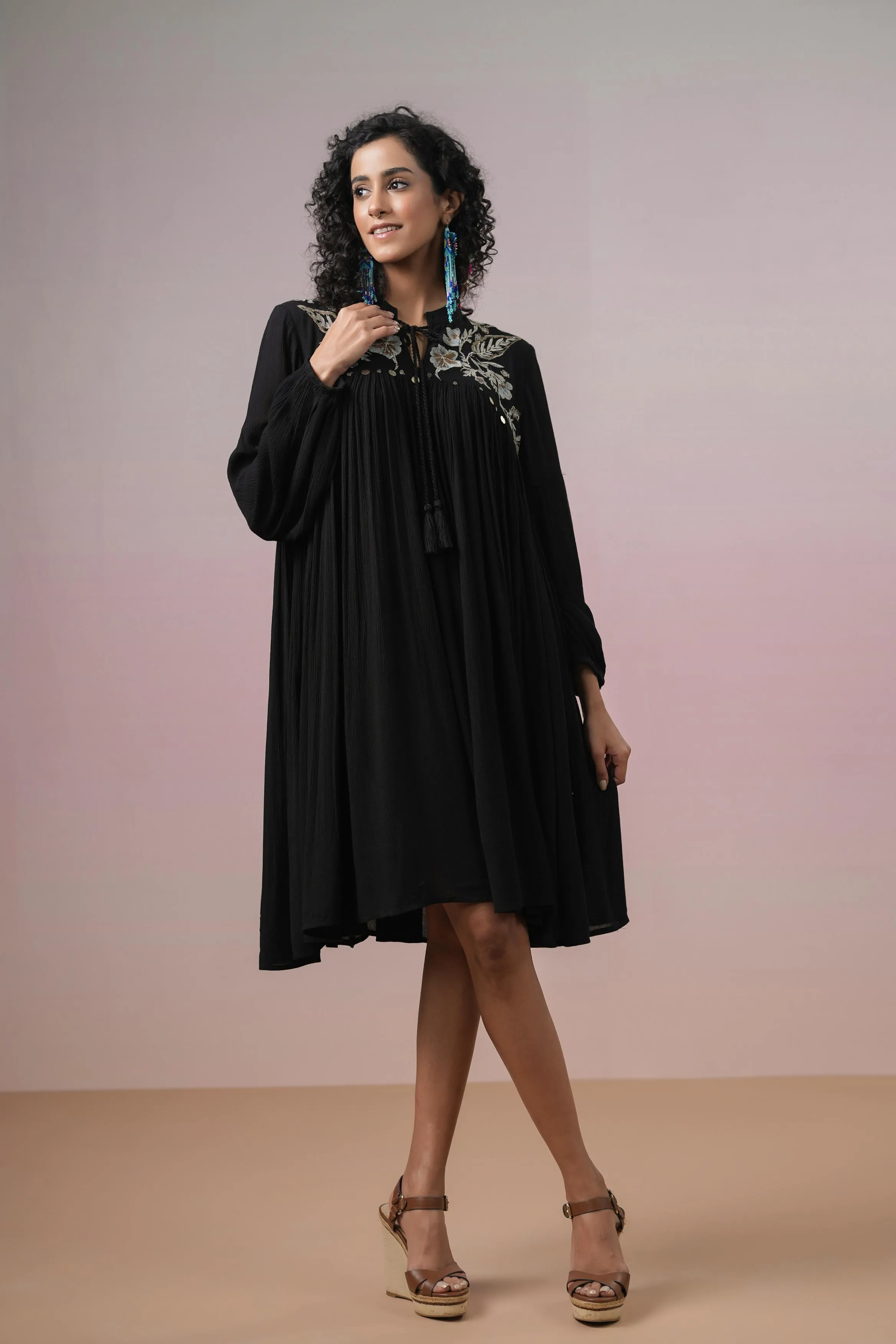 Black Floral Embroidered Italian Linen Dress