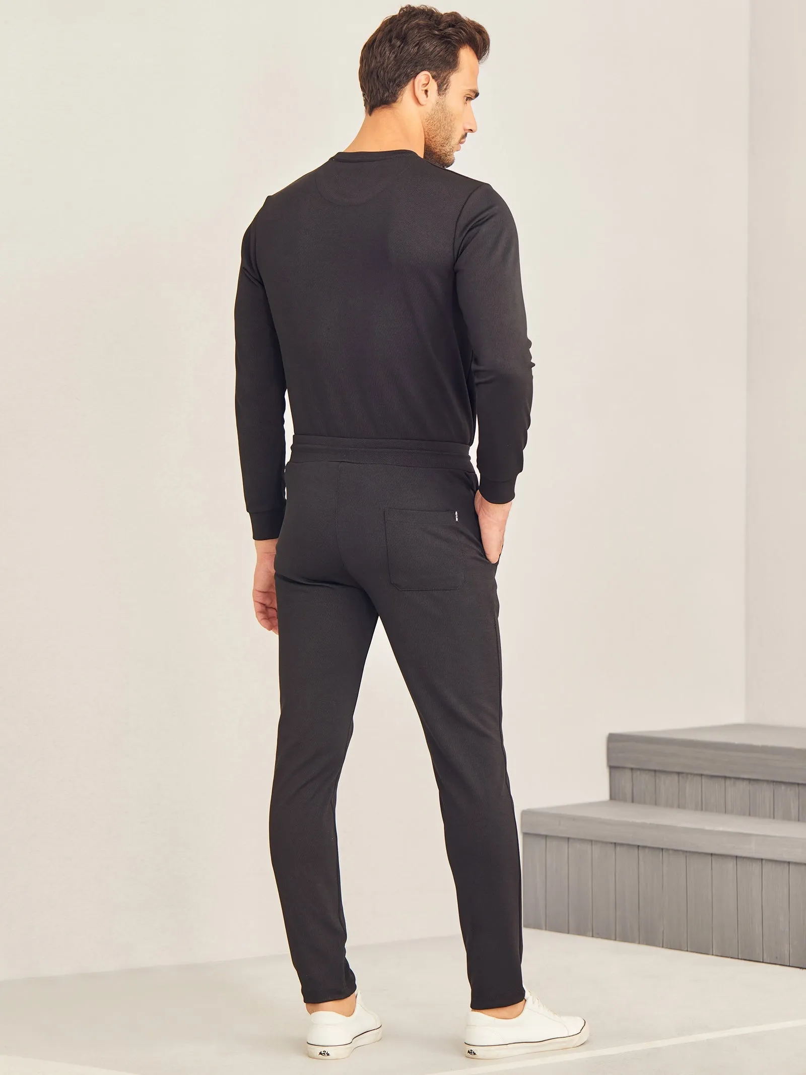 Black Textured 4-Way Stretch Track Pant