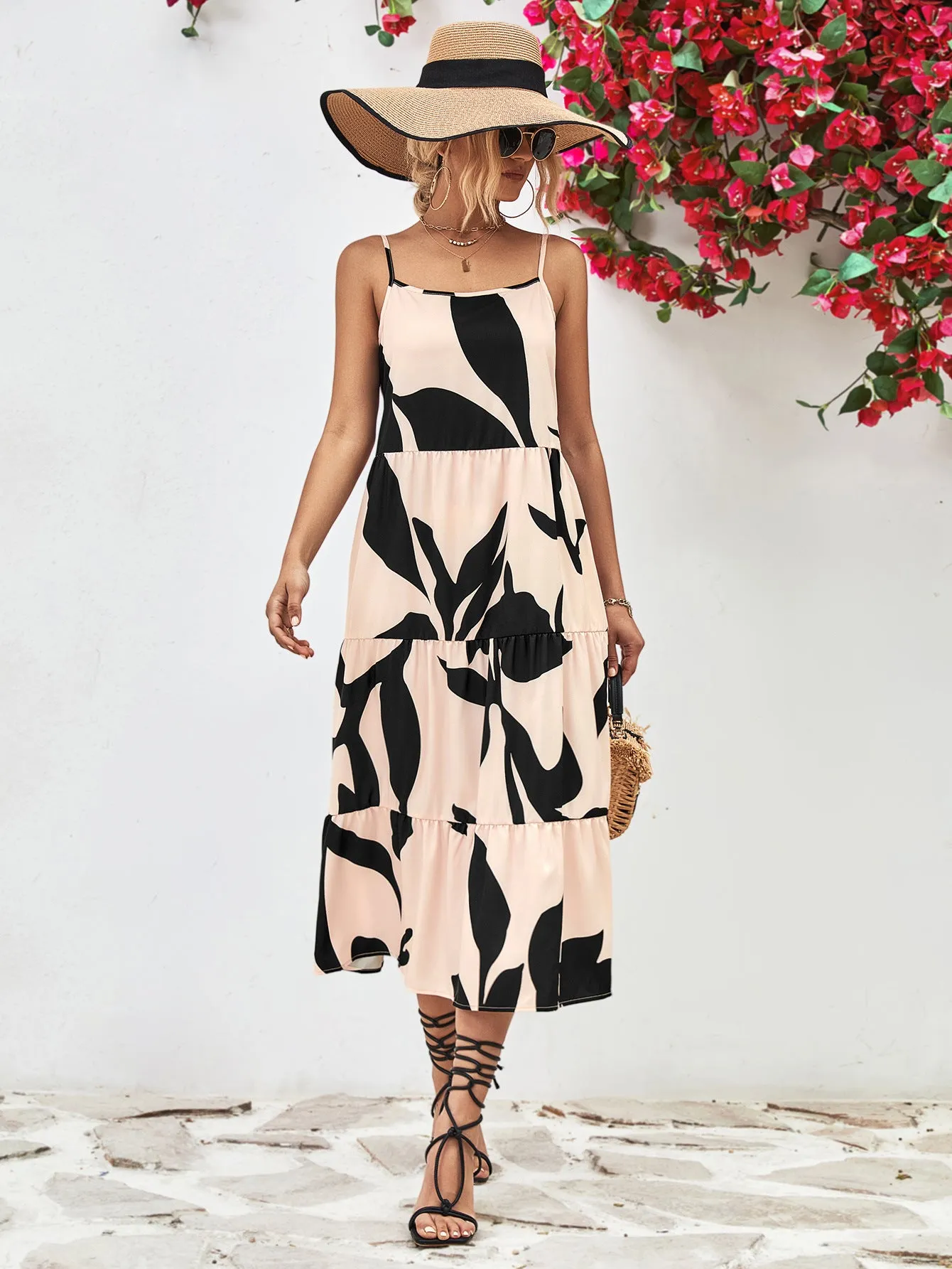 Charming Milkmaid Dress Outfit for Women: Printed Spaghetti Strap Tiered Midi Dress - Perfect Summer Fashion Choice