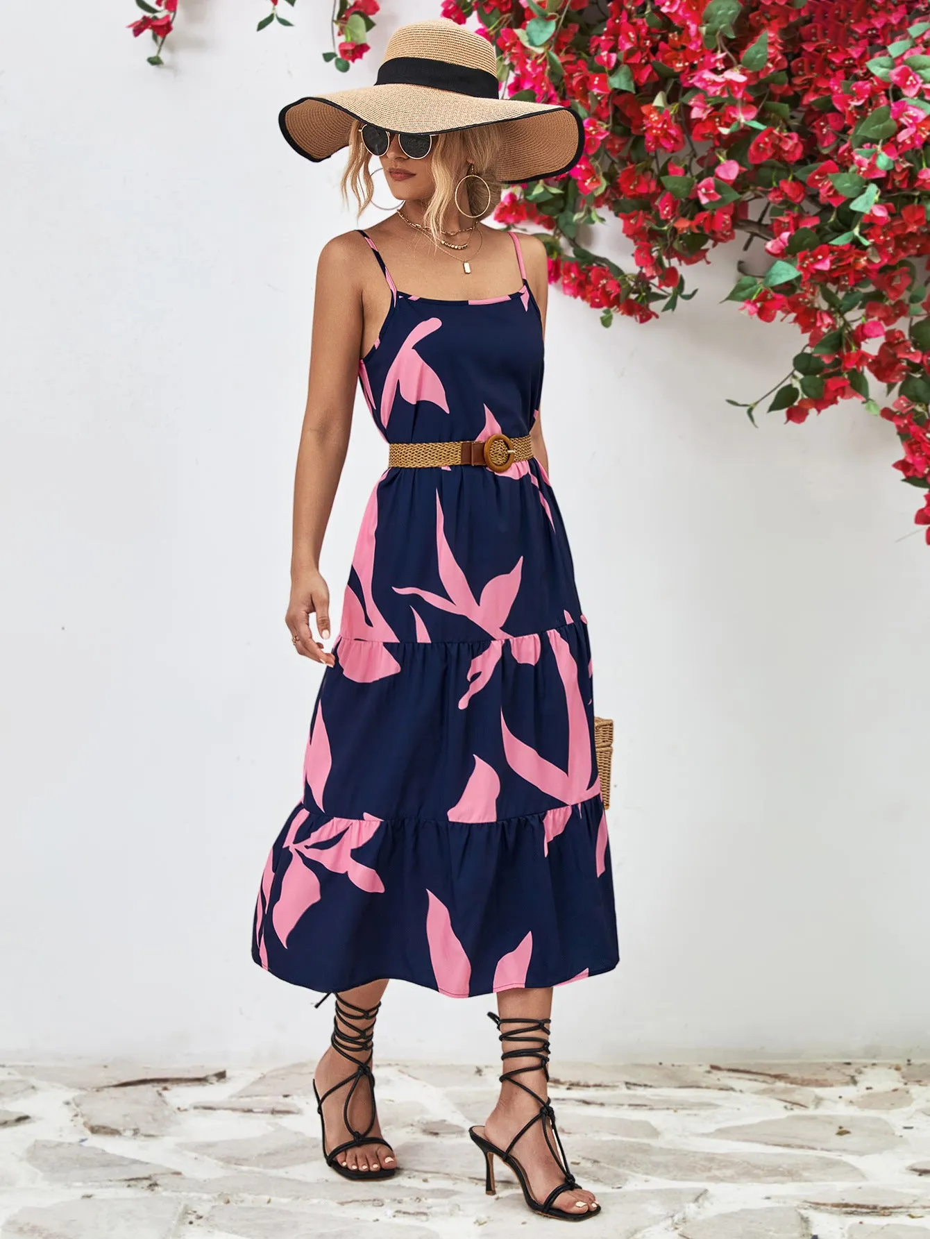 Charming Milkmaid Dress Outfit for Women: Printed Spaghetti Strap Tiered Midi Dress - Perfect Summer Fashion Choice