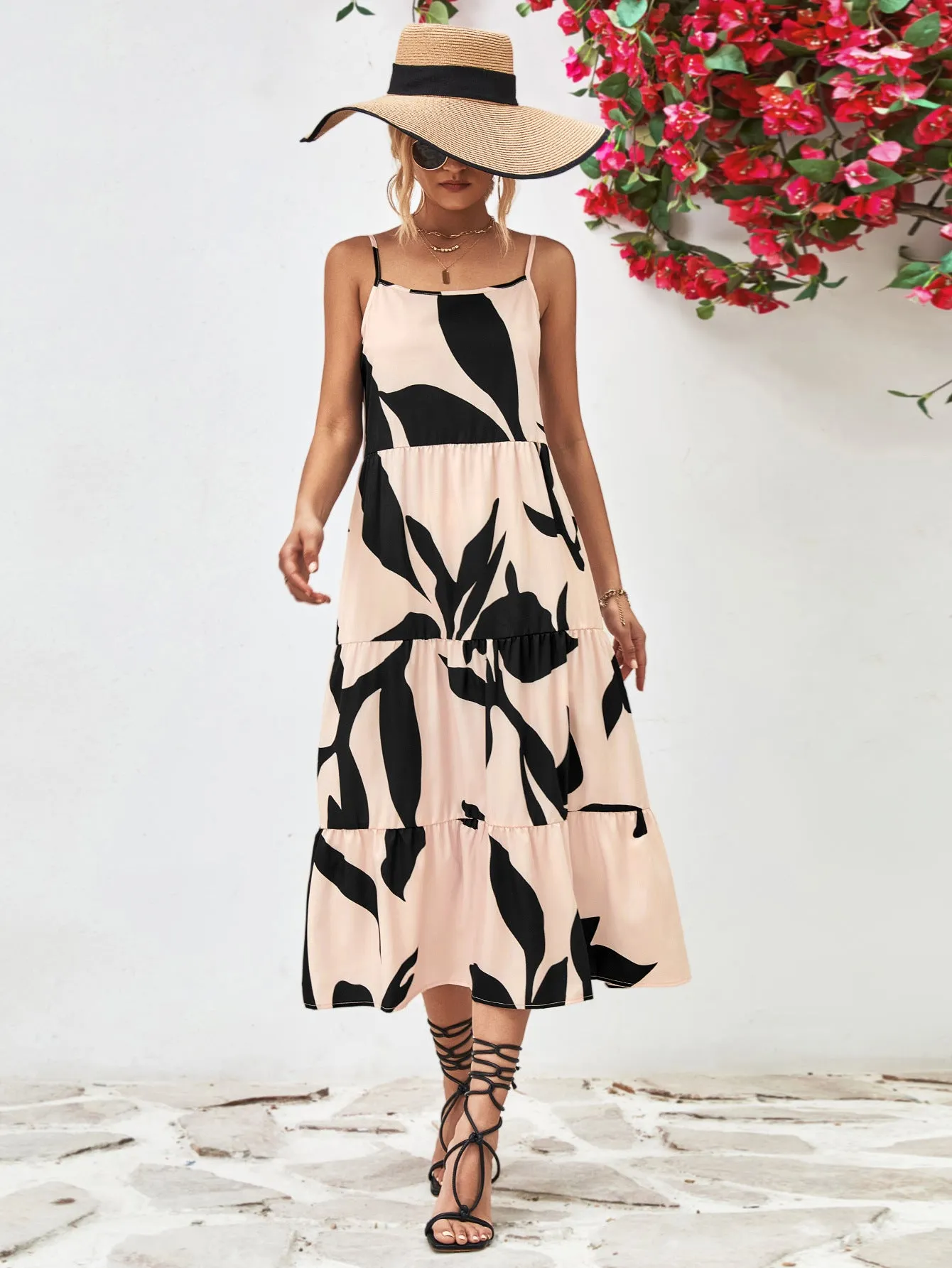 Charming Milkmaid Dress Outfit for Women: Printed Spaghetti Strap Tiered Midi Dress - Perfect Summer Fashion Choice