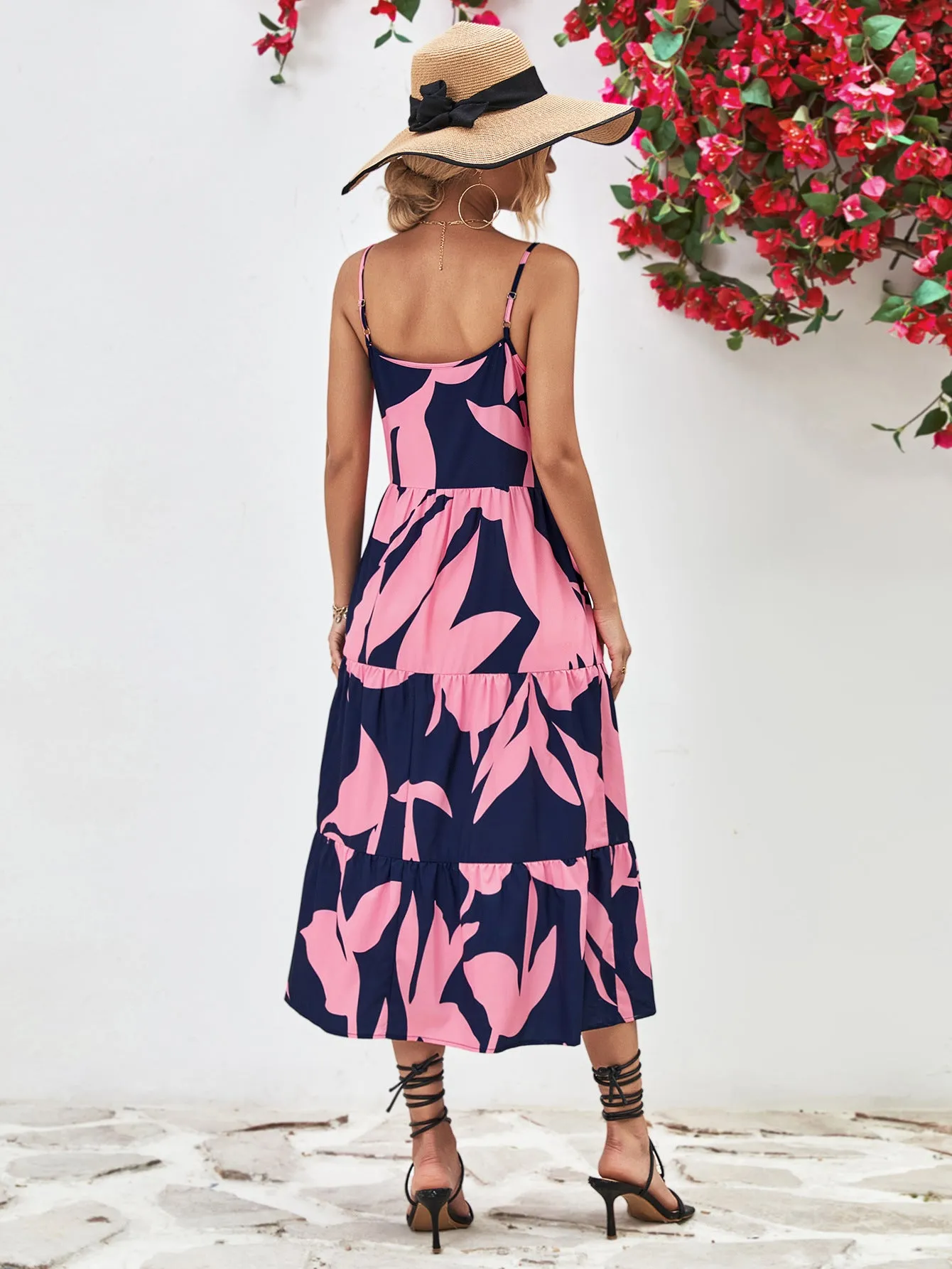 Charming Milkmaid Dress Outfit for Women: Printed Spaghetti Strap Tiered Midi Dress - Perfect Summer Fashion Choice