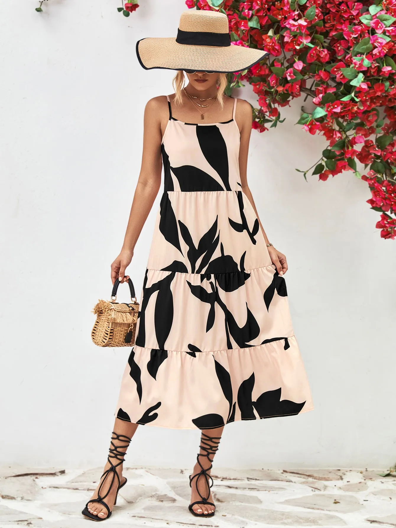 Charming Milkmaid Dress Outfit for Women: Printed Spaghetti Strap Tiered Midi Dress - Perfect Summer Fashion Choice