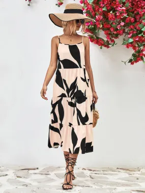 Charming Milkmaid Dress Outfit for Women: Printed Spaghetti Strap Tiered Midi Dress - Perfect Summer Fashion Choice