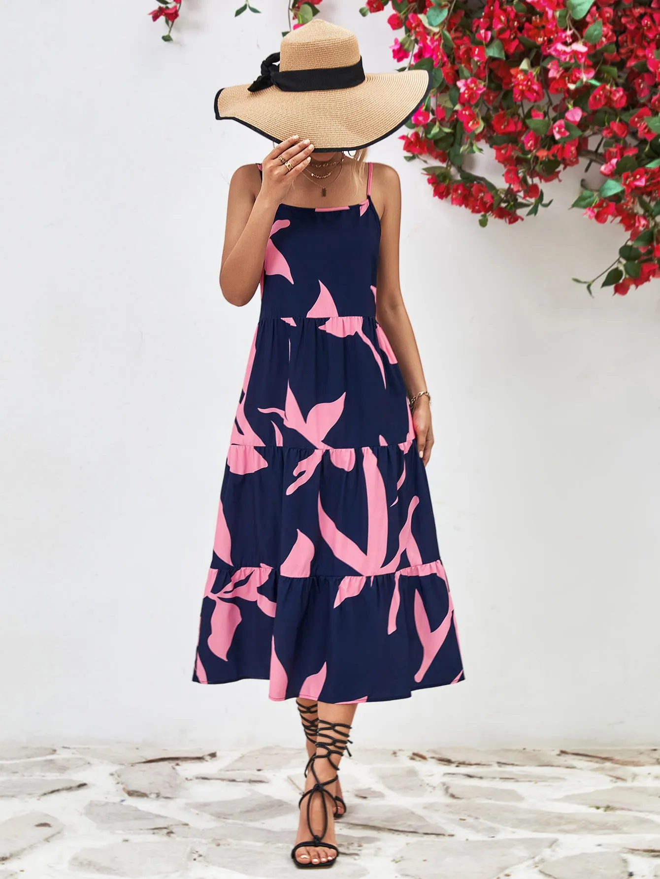 Charming Milkmaid Dress Outfit for Women: Printed Spaghetti Strap Tiered Midi Dress - Perfect Summer Fashion Choice