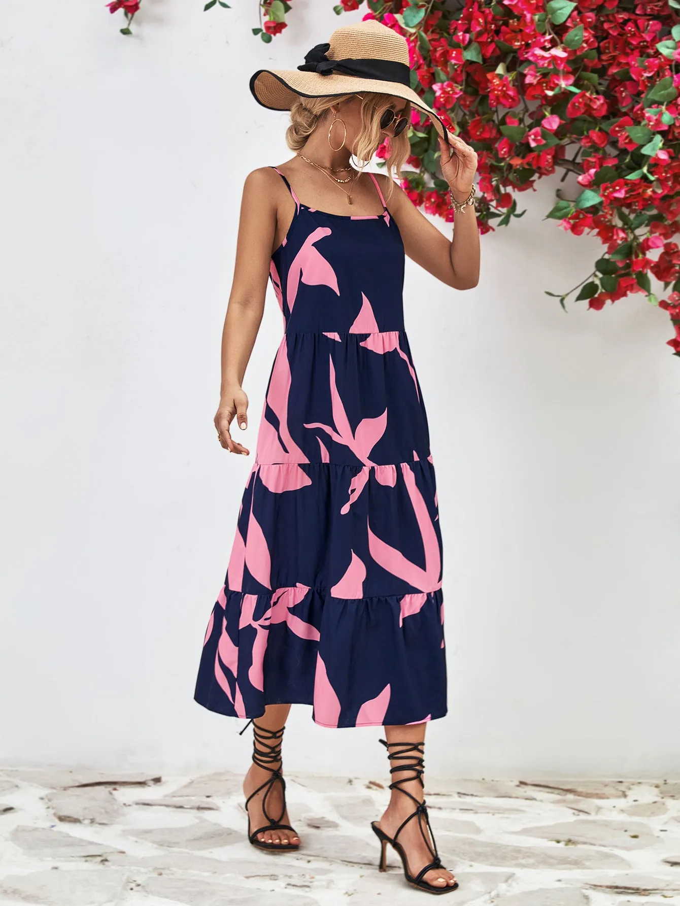 Charming Milkmaid Dress Outfit for Women: Printed Spaghetti Strap Tiered Midi Dress - Perfect Summer Fashion Choice