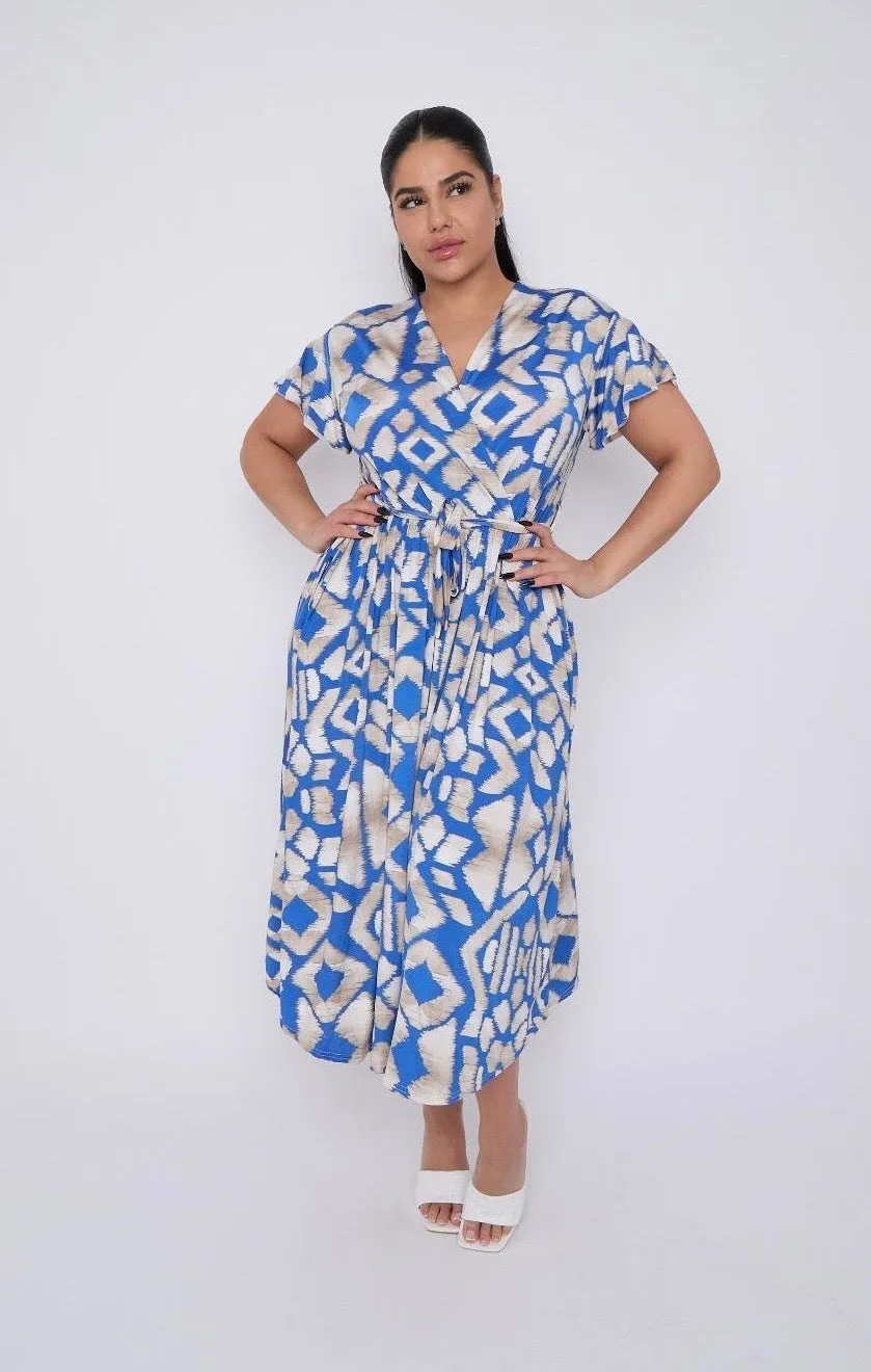 Dani Faux Wrap Dress in Blue Aztec Print