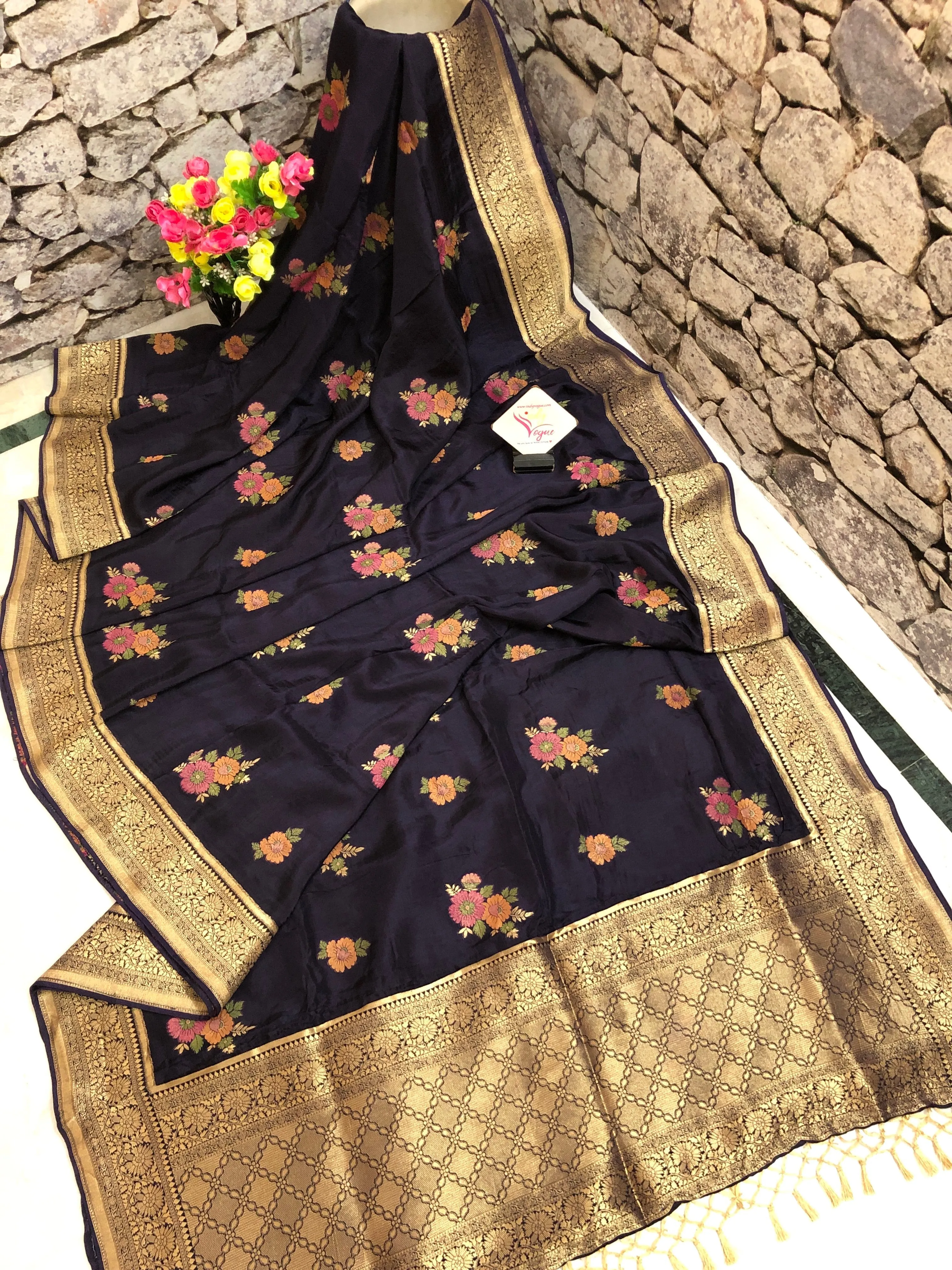 Deep Navy Blue Color Muga Silk Banarasi Saree