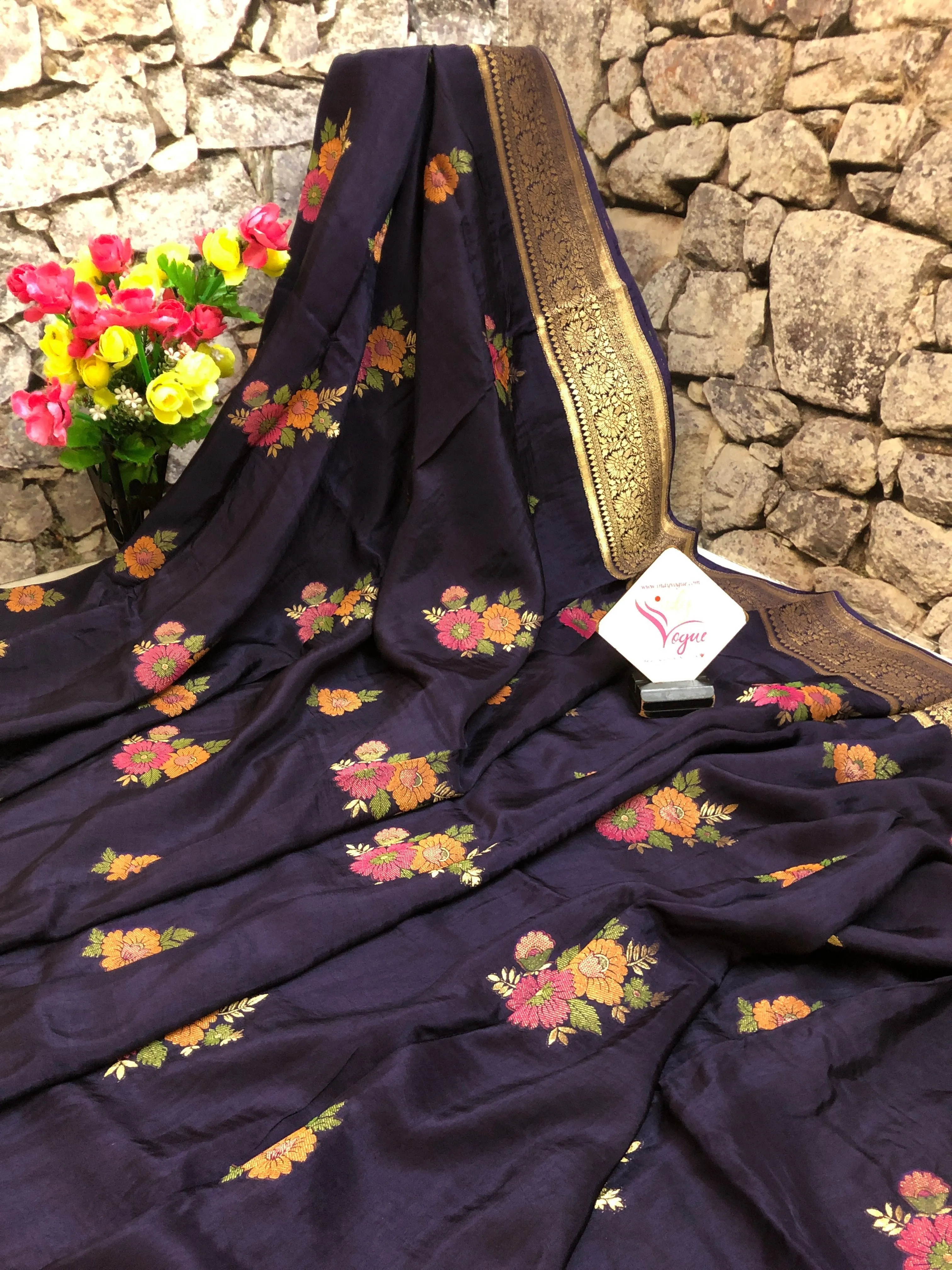 Deep Navy Blue Color Muga Silk Banarasi Saree