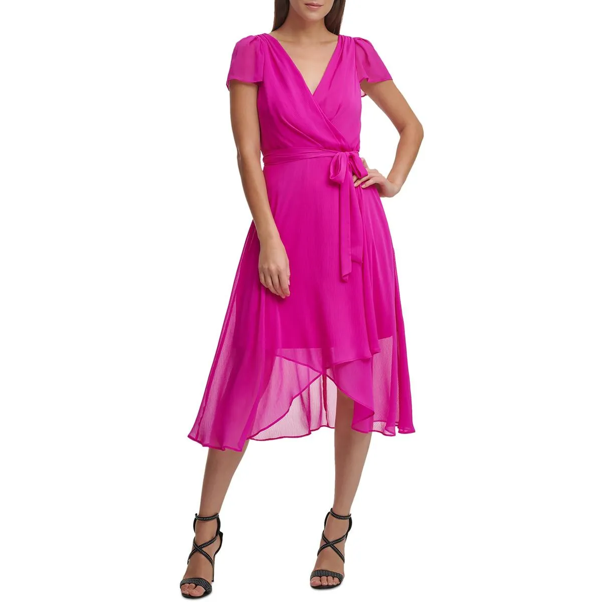 DKNY Womens Petites Chiffon Flutter Wrap Dress