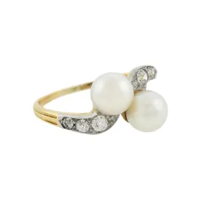 Edwardian 14kt/Platinum Diamond   Natural Pearl Bypass Ring