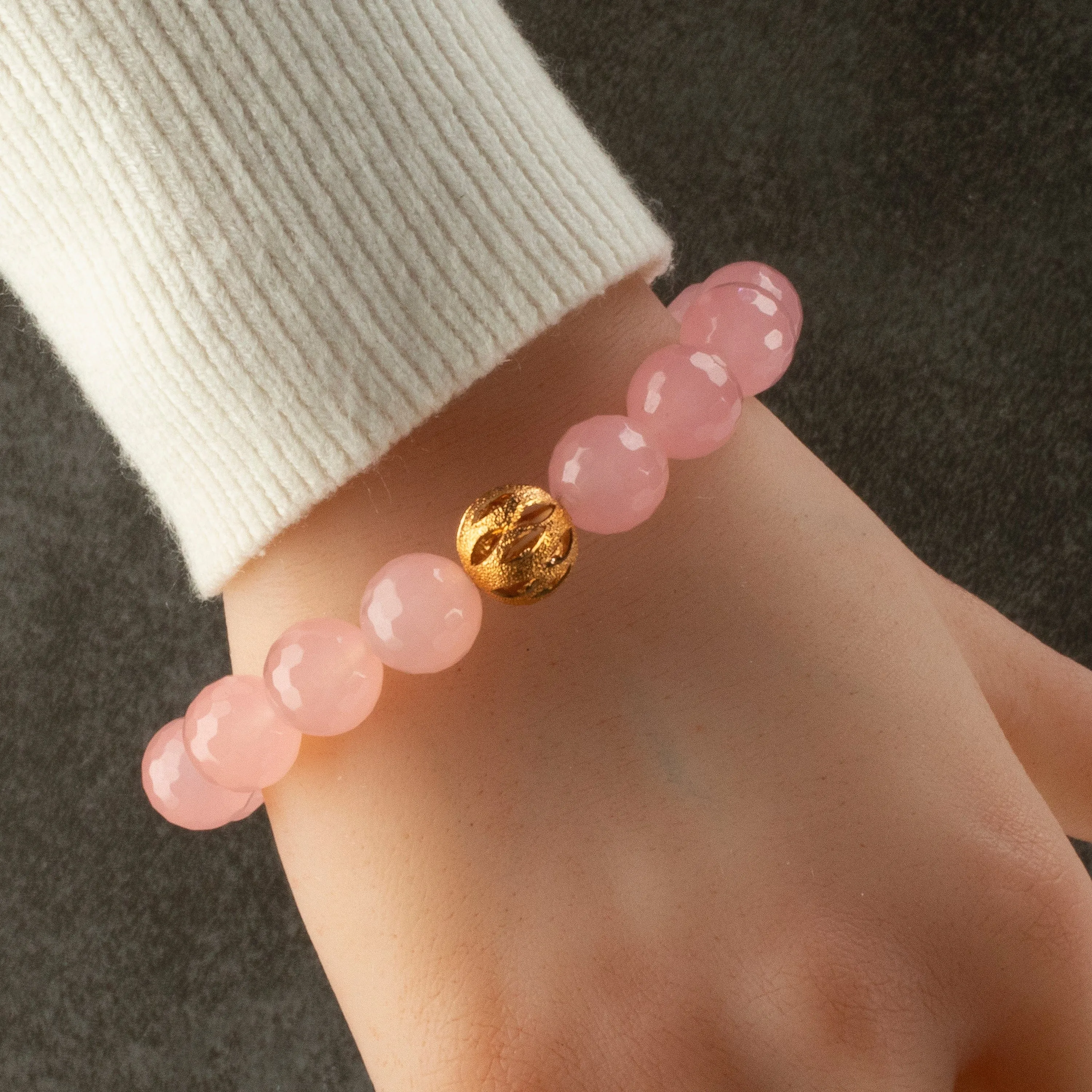 Faceted Rose Quartz 12mm Gemstone Bead Elastic Bracelet with Gold Accent Bead