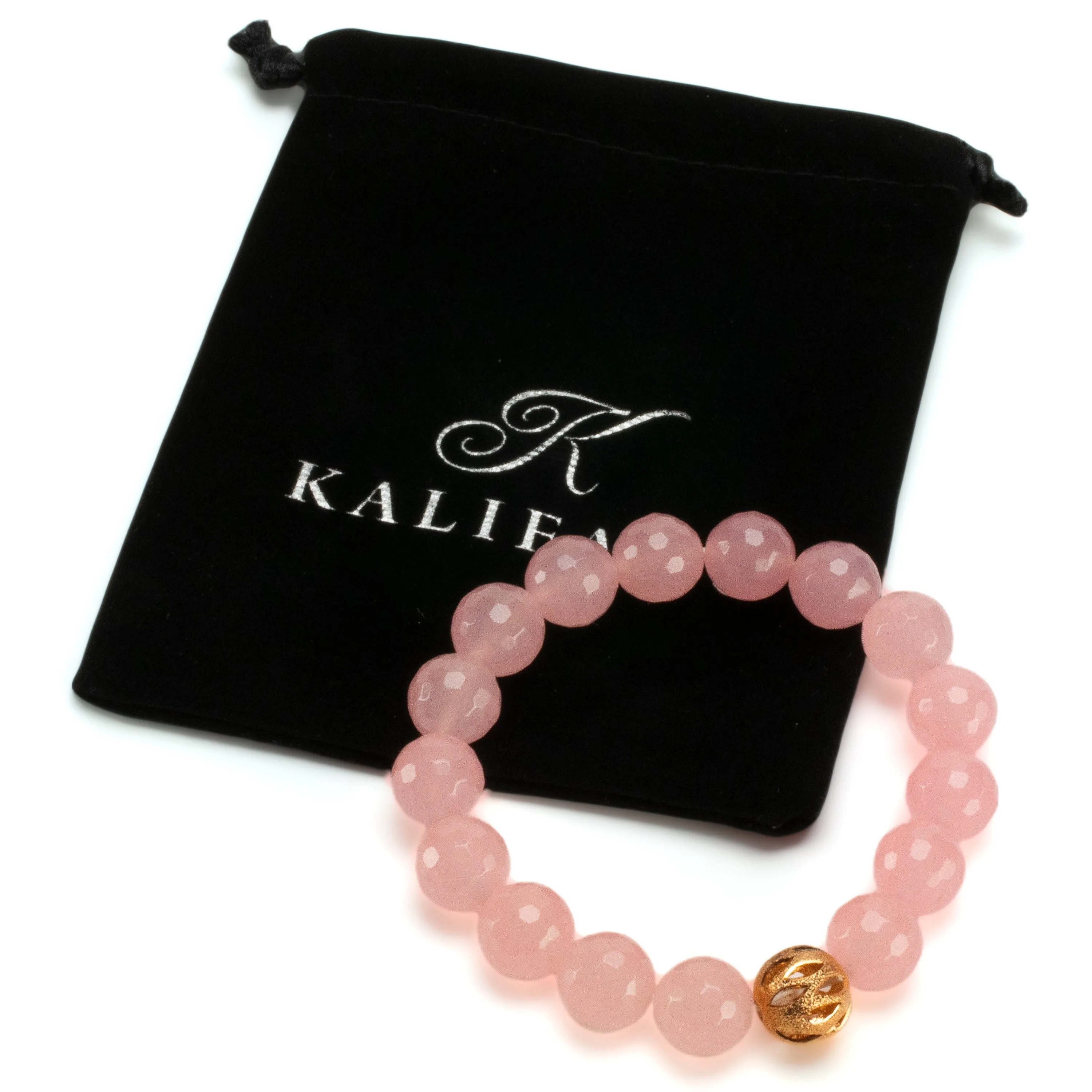 Faceted Rose Quartz 12mm Gemstone Bead Elastic Bracelet with Gold Accent Bead