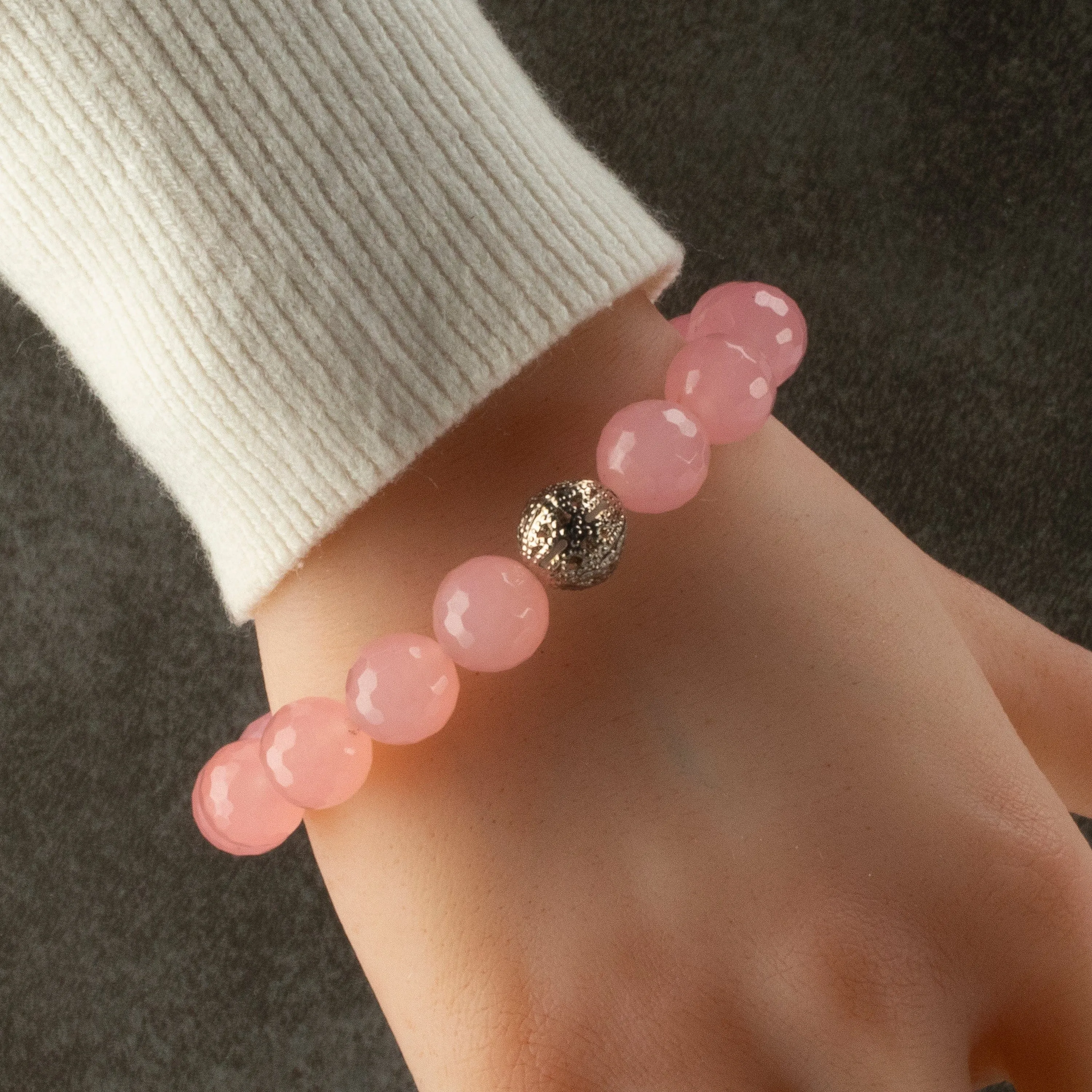 Faceted Rose Quartz 12mm Gemstone Bead Elastic Bracelet with Silver Accent Bead