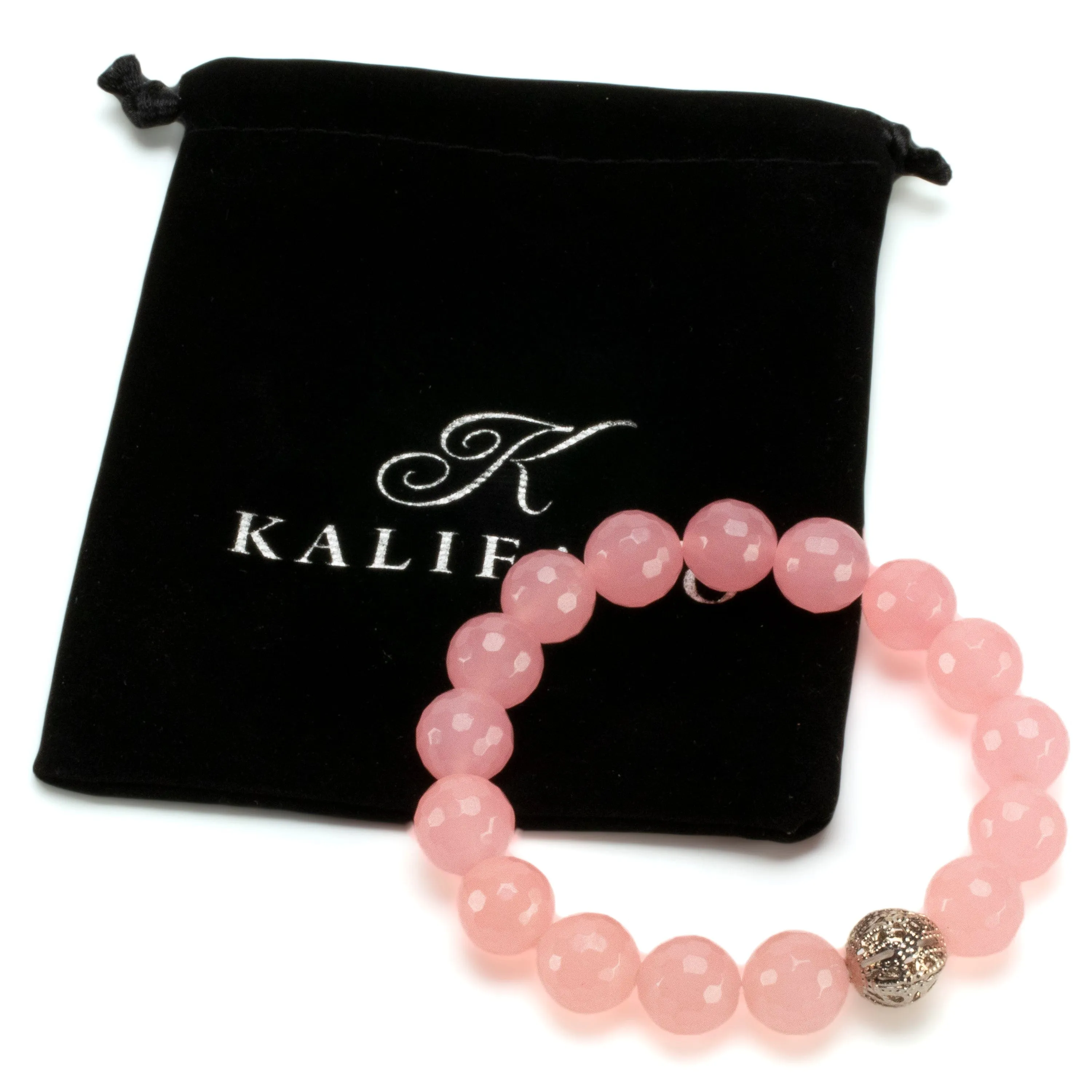 Faceted Rose Quartz 12mm Gemstone Bead Elastic Bracelet with Silver Accent Bead