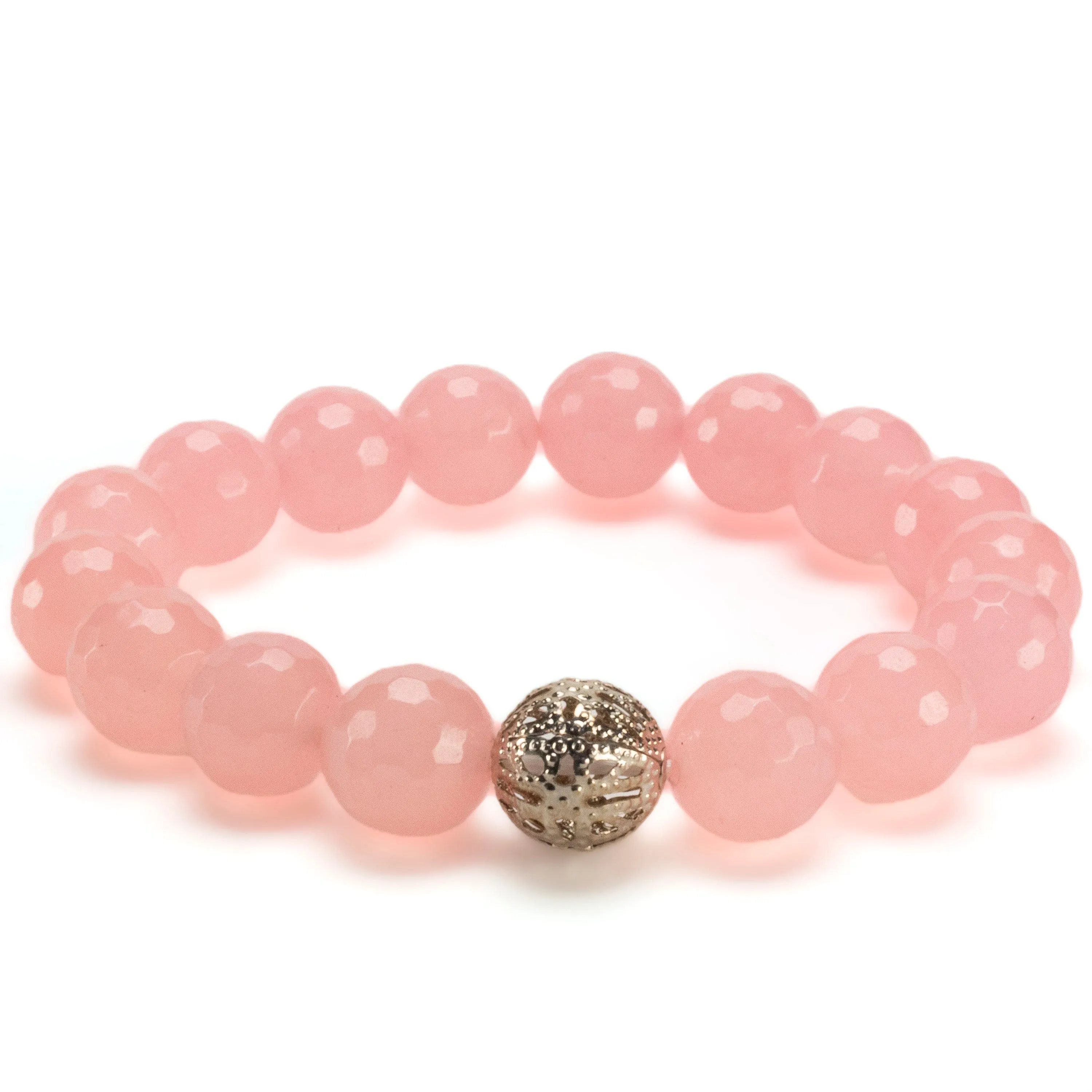 Faceted Rose Quartz 12mm Gemstone Bead Elastic Bracelet with Silver Accent Bead