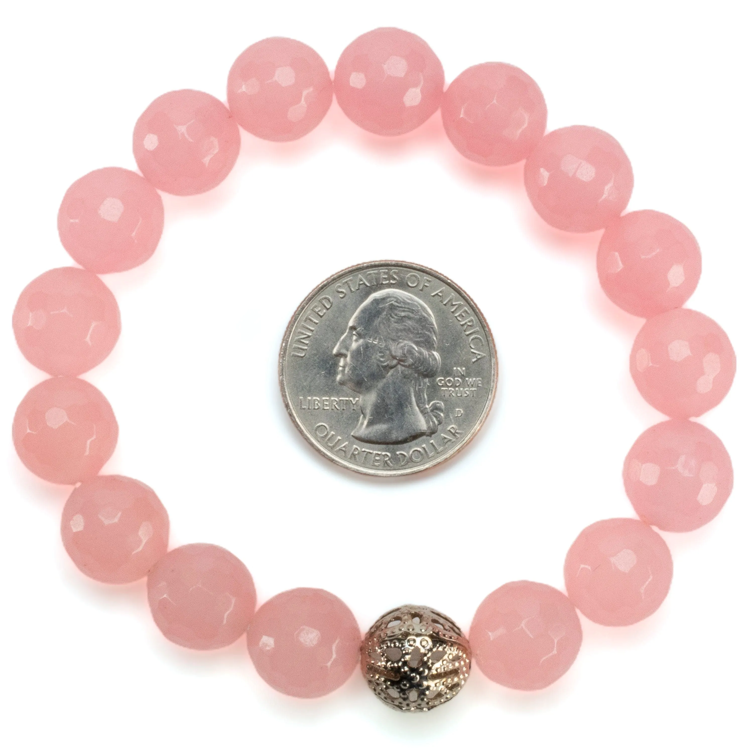 Faceted Rose Quartz 12mm Gemstone Bead Elastic Bracelet with Silver Accent Bead