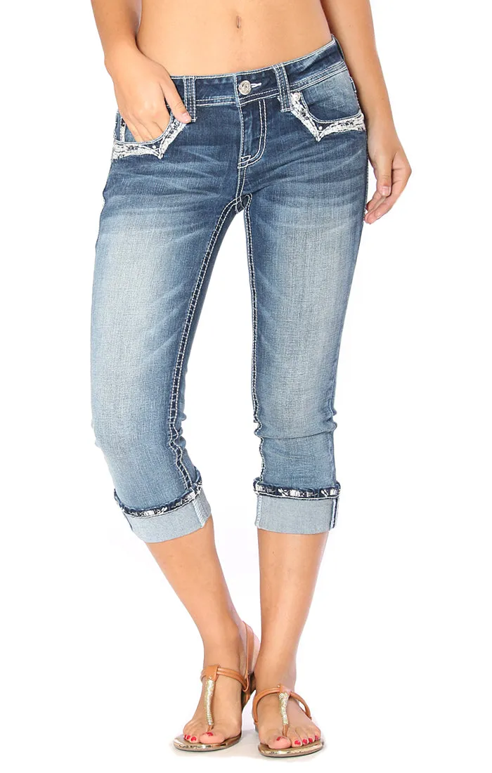 Feather Embellishment Mid Rise Capri