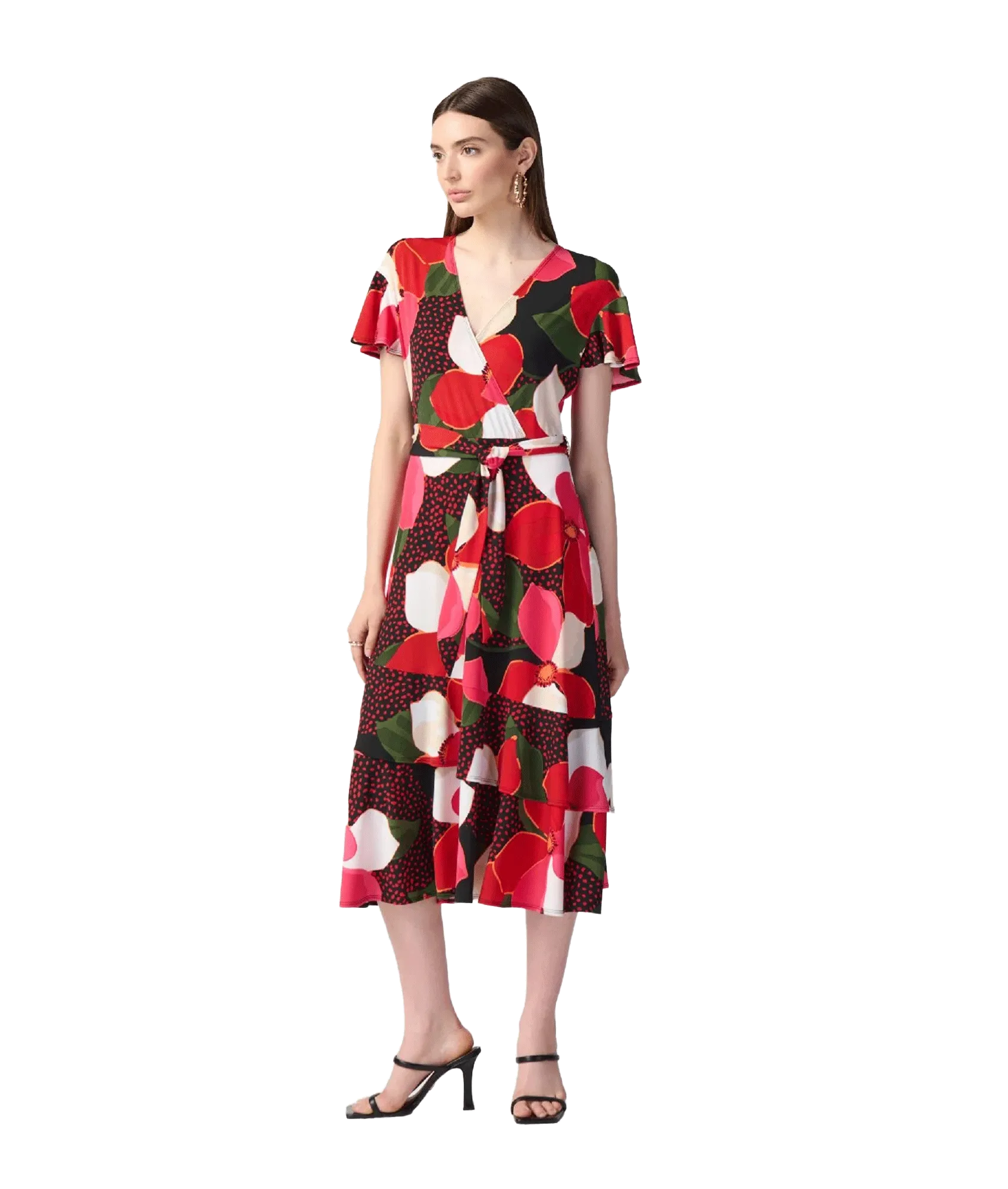 Floral Print Silky Knit Flowy Wrap Dress - Multi