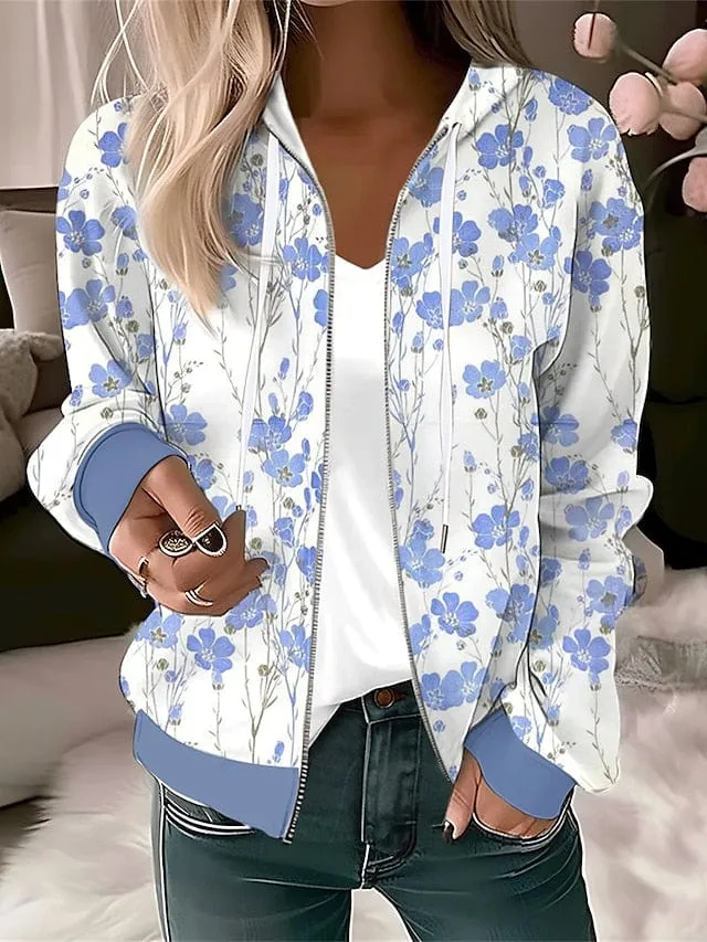 Floral Zip Up Hoodie for Women - Blue Green Light Blue Casual Sports Top